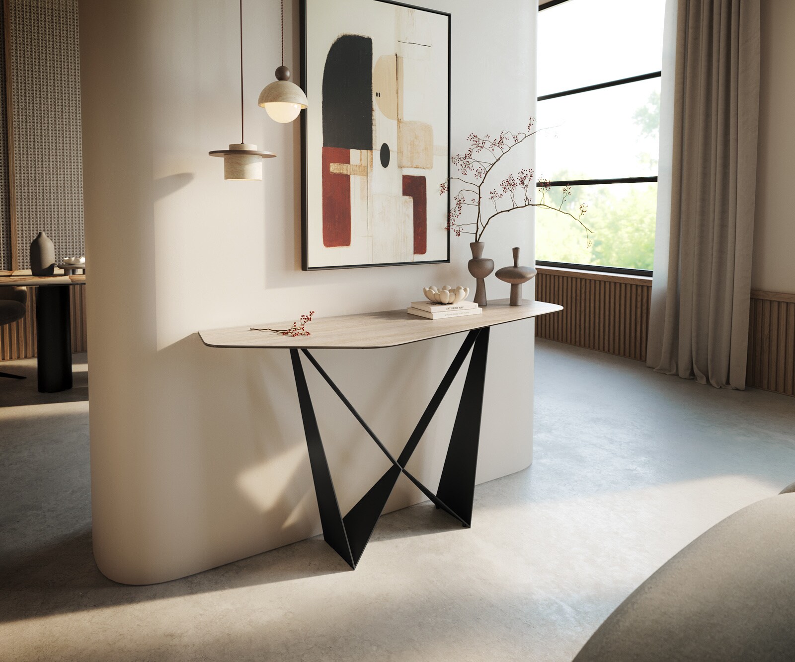 Console Edge Polygonal 140x50 cm Céramique Laminam® Travertino Bianco Creme-Weiß Spios Métal Noir 1