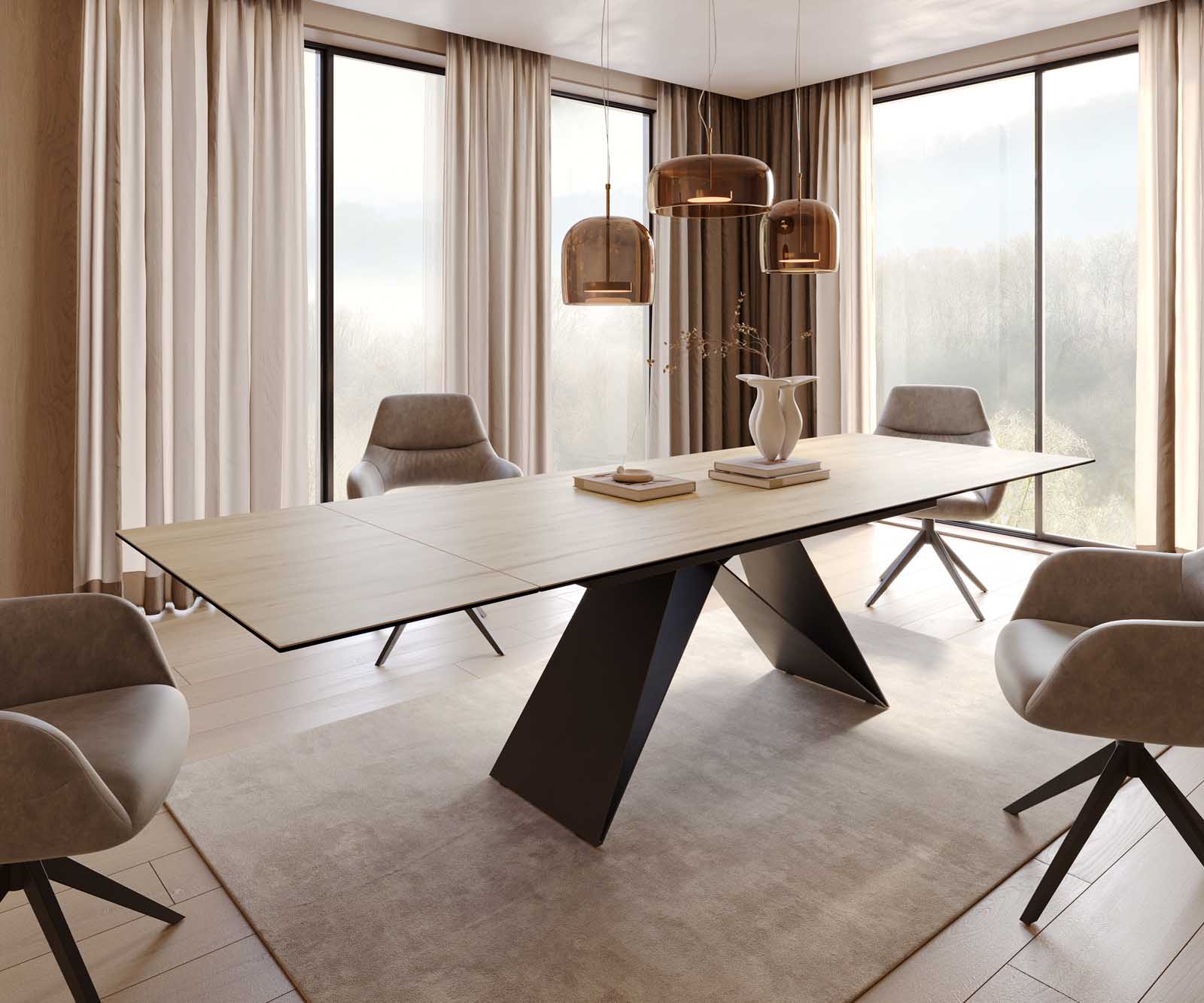 Table à manger Edge 200-300x100 céramique Laminam® Sabbia couleur chêne cadre en V acier plat noir extensible 1