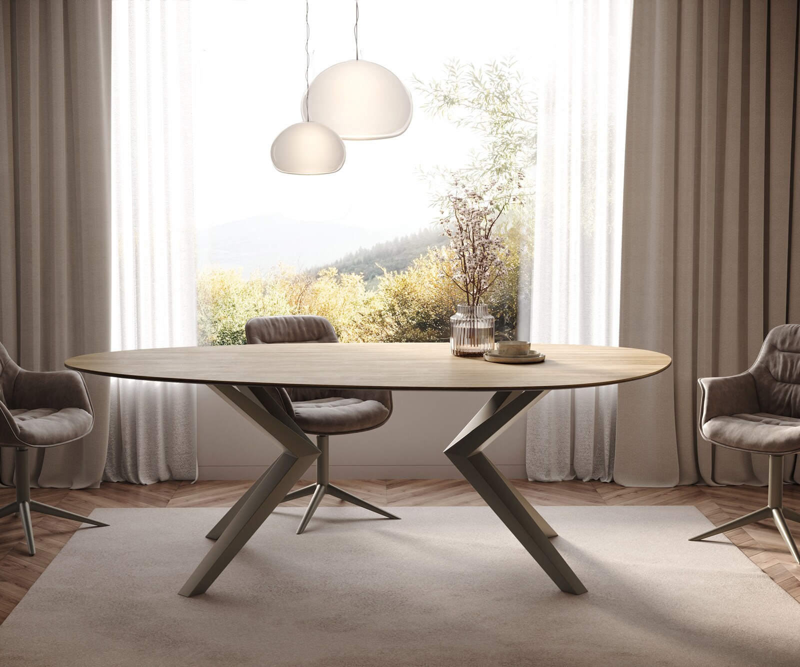 Esstisch Edge Oval 220x120 Keramik Laminam® Sabbia Eichefarbig Zenthara kantig Metall Effektfinish Titan 2
