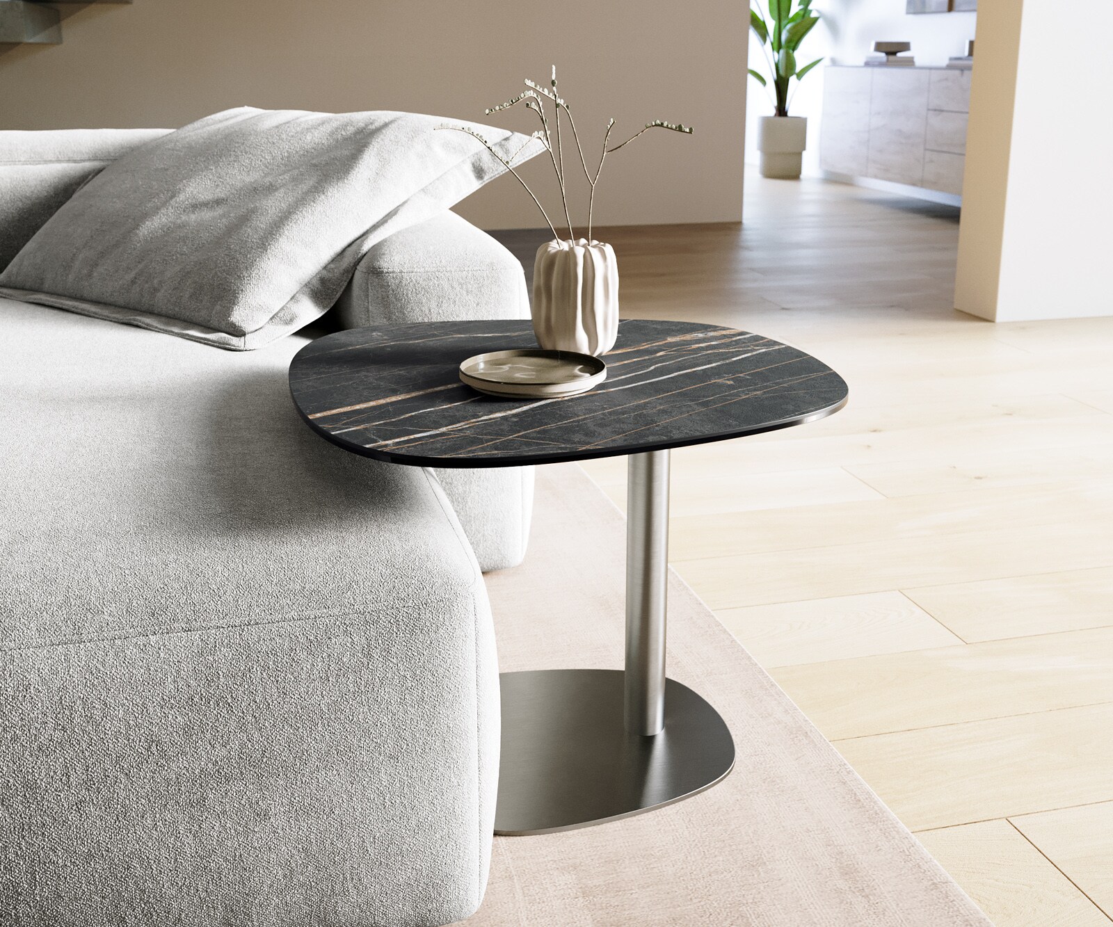 Beistelltisch Edge Boot 60x60 cm Keramik Laminam® Noir Desir Braun Eleny Edelstahl gebürstet 1
