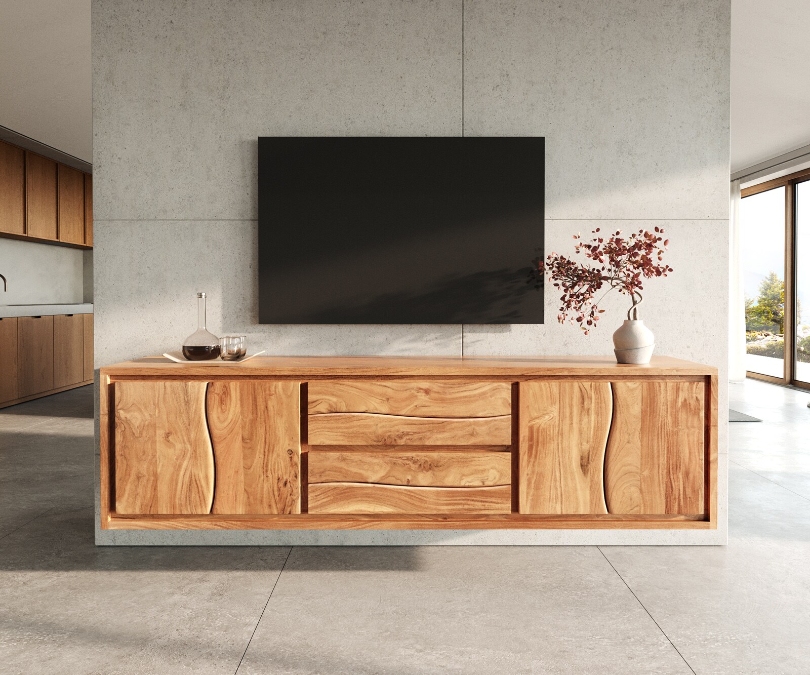 Lowboard Live-Edge 200 cm Akazie Natur 4 Türen 2 Schübe schwebend 2