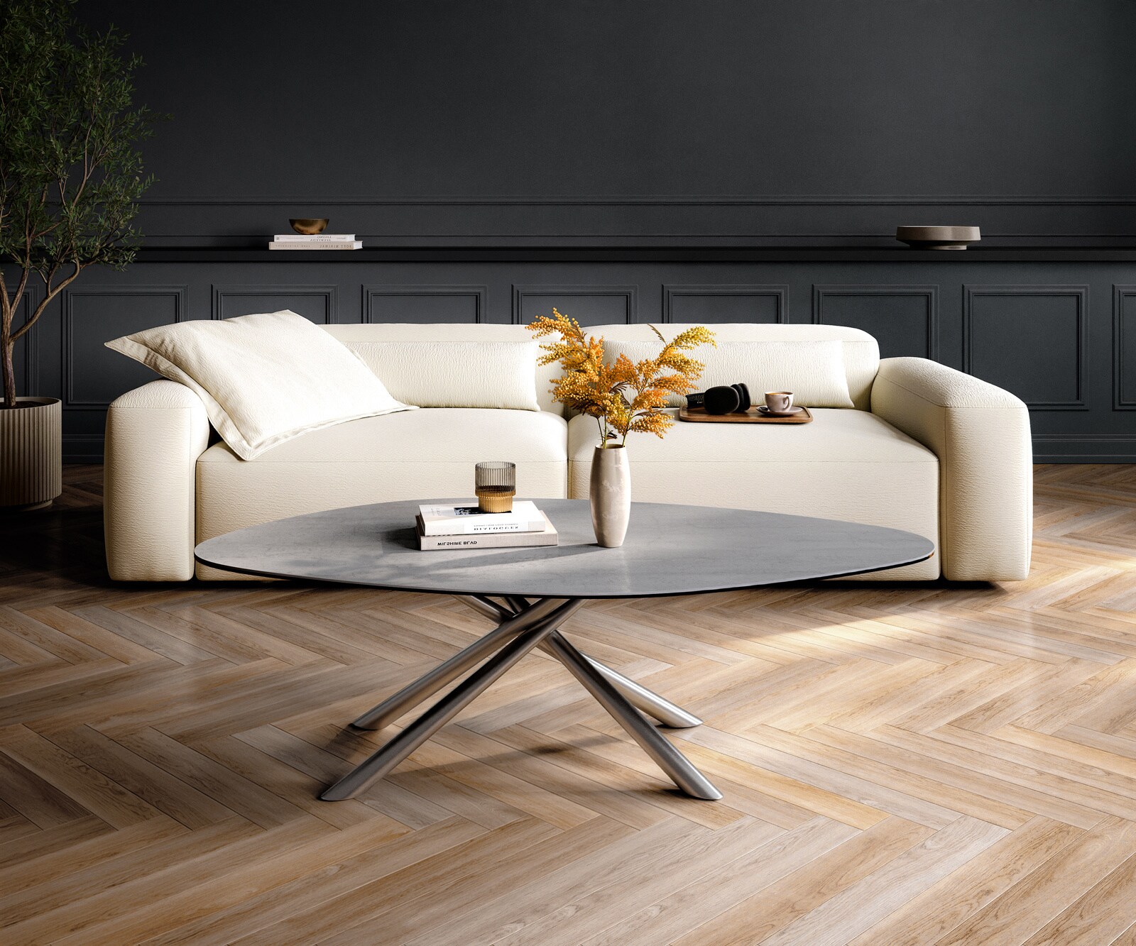Table basse Edge organique 140x76 cm céramique béton gris Sarity acier inoxydable brossé 2