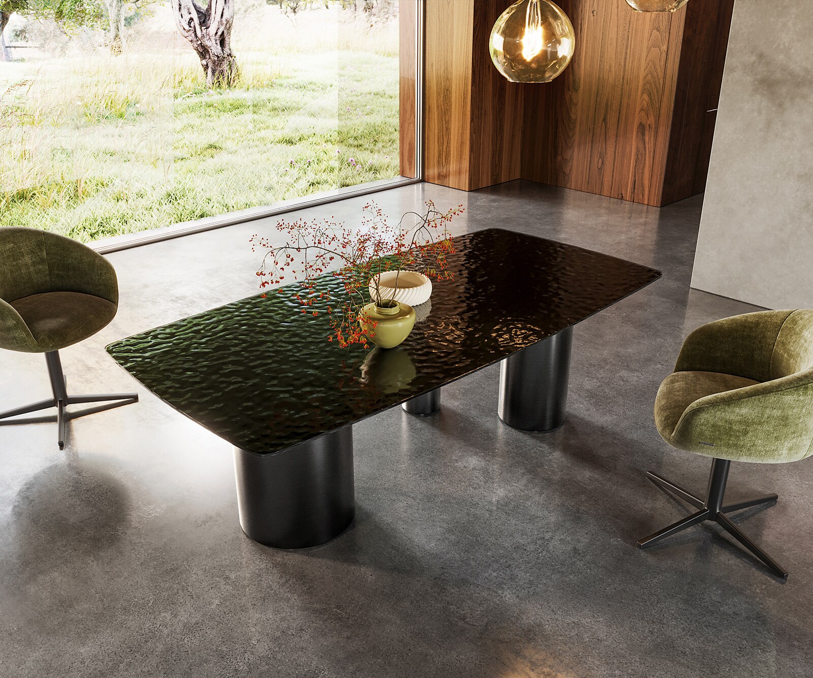 Table à manger Edge Boot 200x100 verre en relief noir 3D-Design Troa acier inoxydable graphite