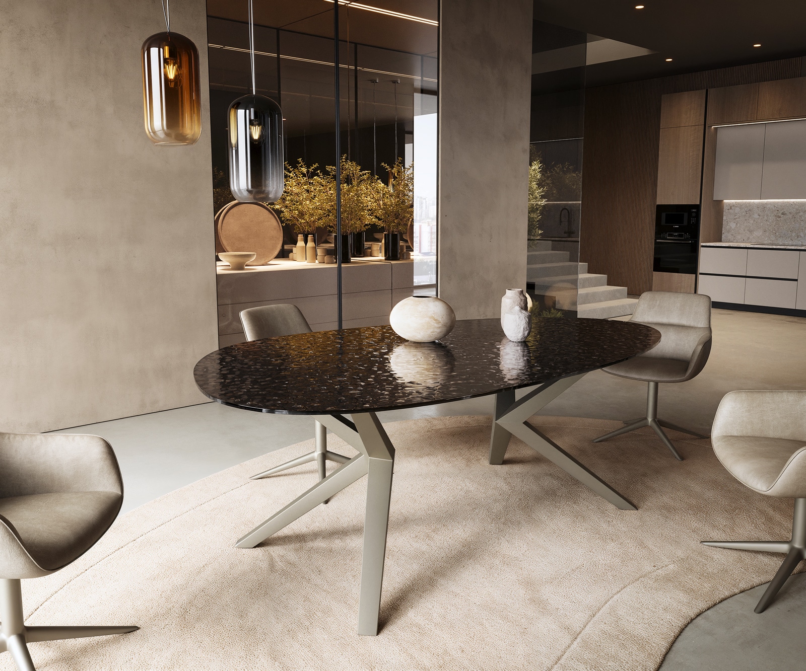 Esstisch Edge Oval 220x120 Reliefglas Rauchschwarz 3D-Design Zenthara kantig Metall Effektfinish Titan Esstisch Edge Oval 220x120 Reliefglas Rauchschwarz 3D-Design Zenthara kantig Metall Effektfinish Titan