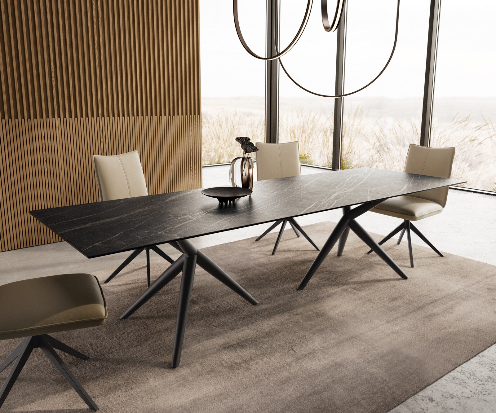 Esstisch Edge 300x100 Keramik Laminam®Noir Desir Braun Estelar rund Metall Schwarz
