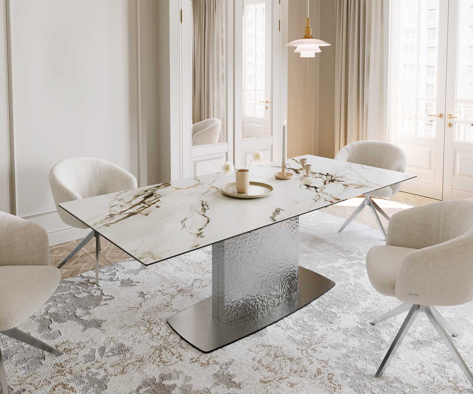 Esstisch Edge 180-220x100 Keramik Calacatta Luxe Weiß-Gold-Grau Wave Edelstahl ausziehbar Esstisch Edge 180-220x100 Keramik Calacatta Luxe Weiß-Gold-Grau Wave Edelstahl ausziehbar