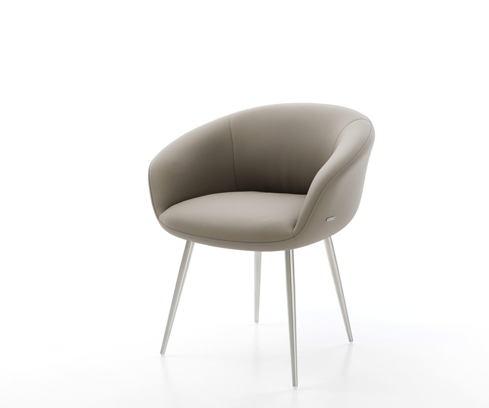 Chaise-de-salle-à-manger Vinka-Flex avec accoudoirs cuir de vache couleur boue 4 pieds coniques acier inoxydable brossé ressorts ensachés 1
