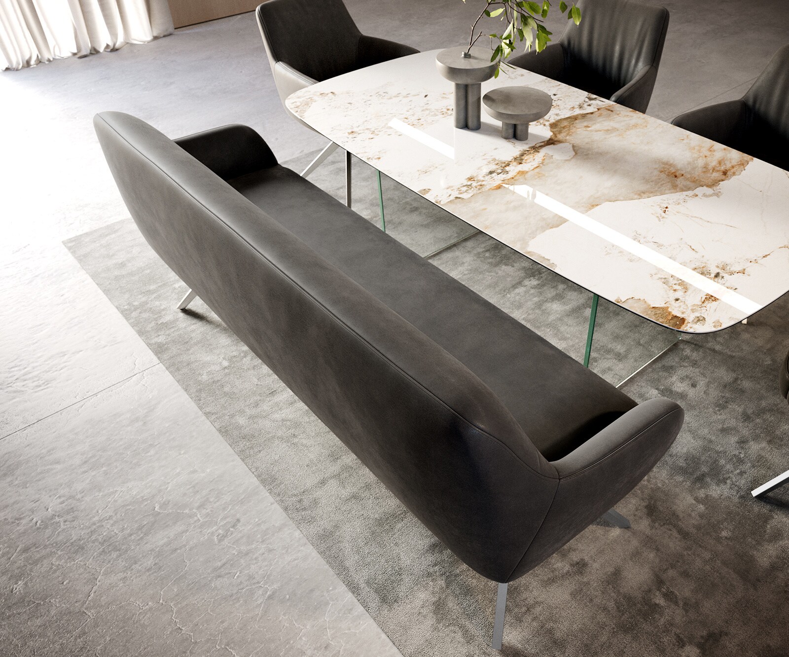 Banc-de-salle-à-manger Taya-Flex 200 cm microfibre antracite vintage pied croisé angulaire acier inoxydable ressort ensaché 3