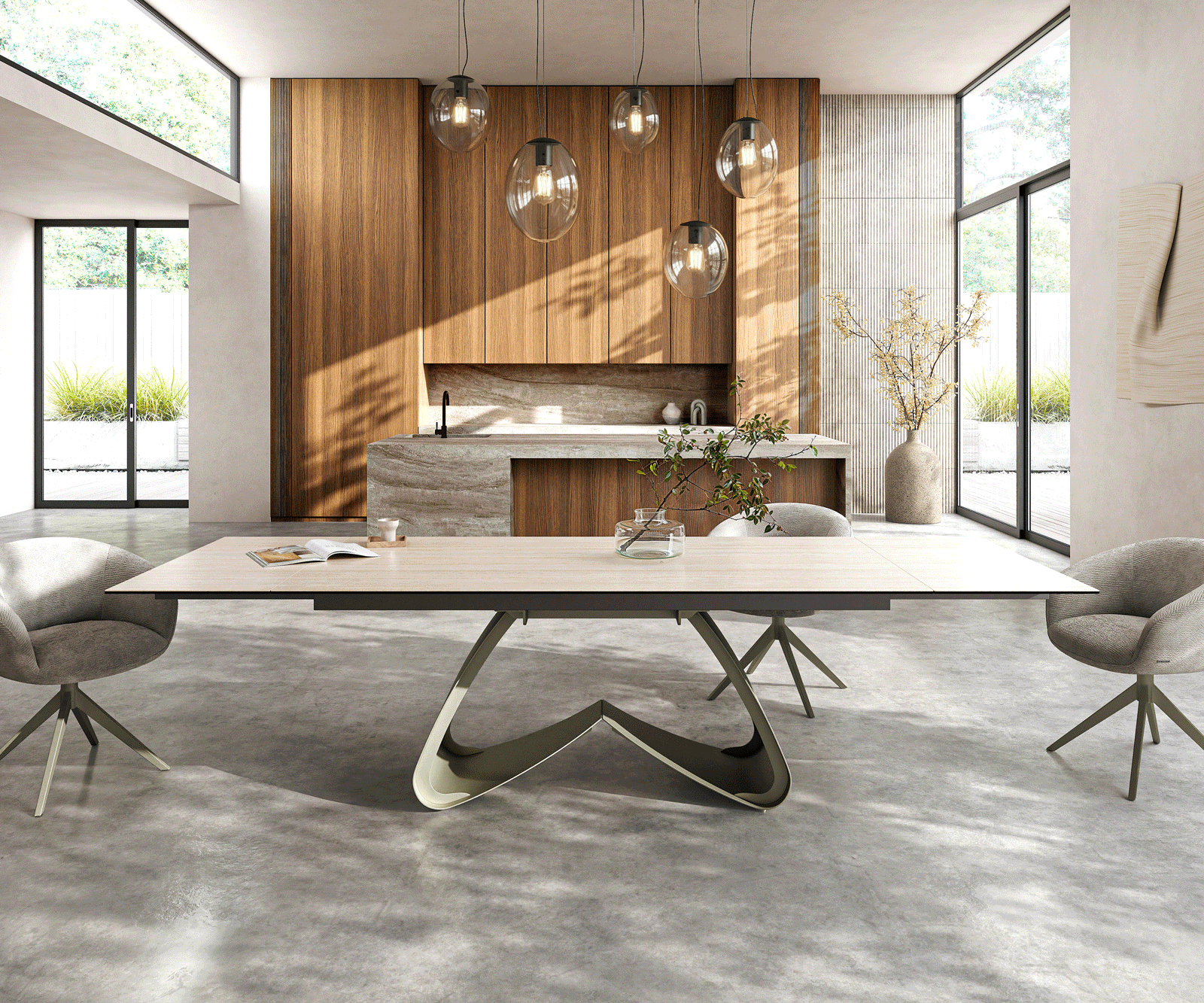 Esstisch Edge 200-300x100 Keramik Laminam® Travertino Bianco Creme-Weiß W-Gestell Effektfinish Titan ausziehbar 1