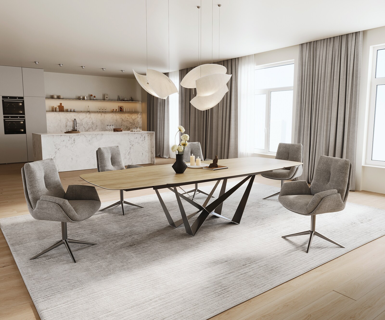 Esstisch Edge Boot 200-300x120 cm Keramik Laminam® Sabbia Eichefarbig Spider Flachstahl Edelstahl Graphit ausziehbar 6