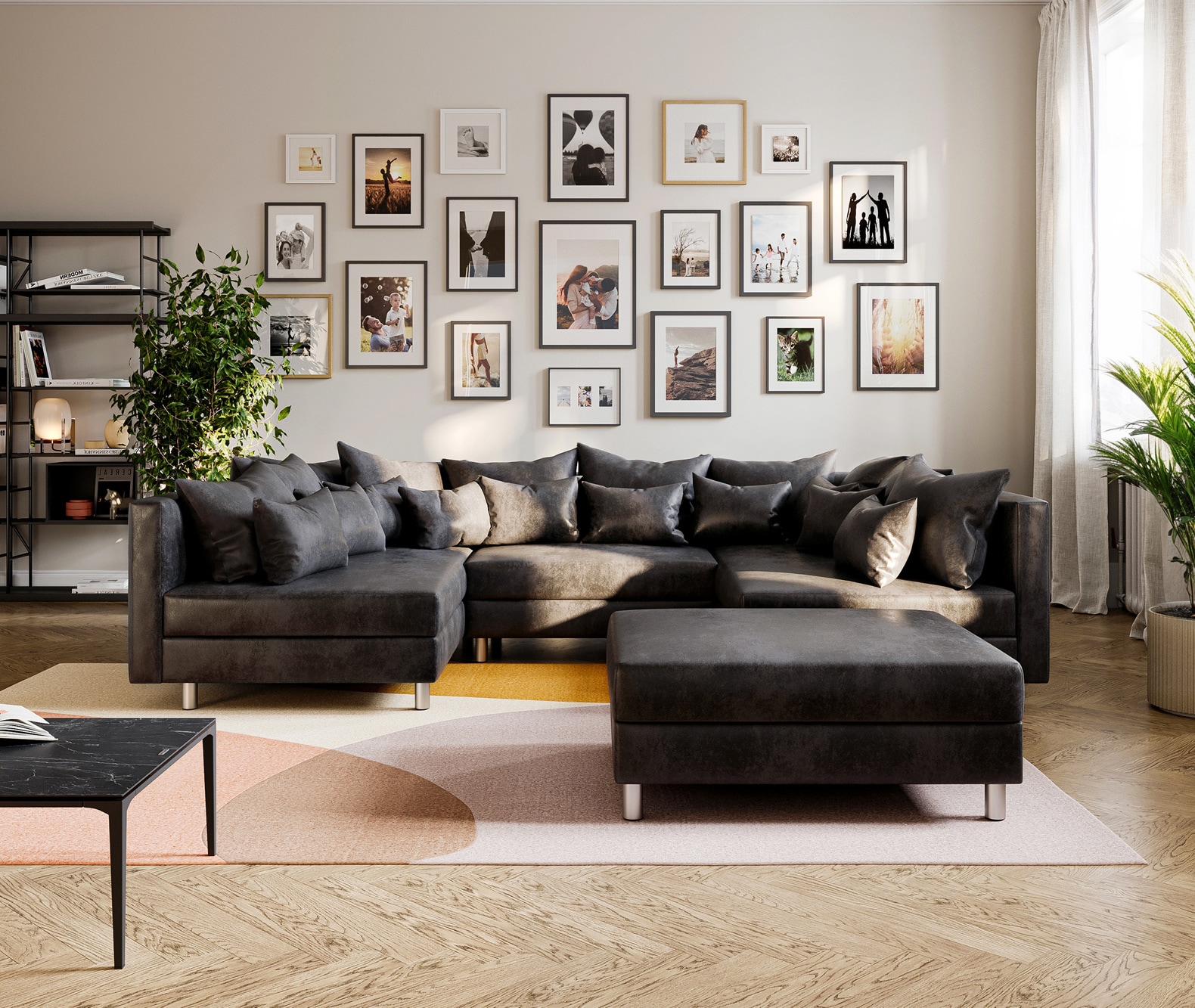 Canapé-panoramique Clovis Anthracite look Antique Modulable avec Tabouret 1 Canapé-panoramique Clovis Anthracite look Antique Modulable avec Tabouret 1