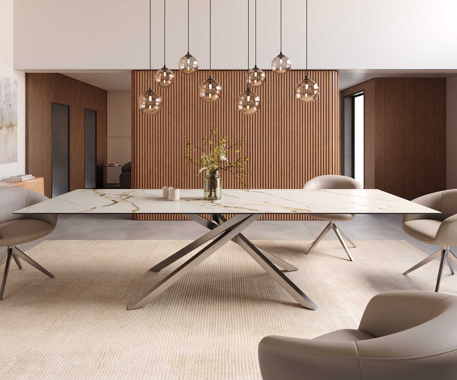 Esstisch Edge 300x100 Keramik Calacatta Luxe Weiß-Gold-Grau Kreuzgestell Rechteck Edelstahl 2