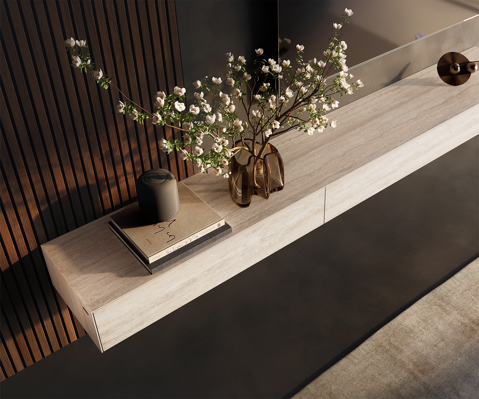 Meuble-TV Cuor 250 cm Céramique Laminam® Travertino Bianco Crème-blanc 1 Clapet 1 Tiroir Flottant 4