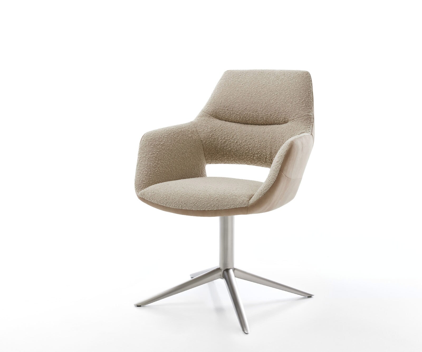 Chaise-pivotante Yago-Flex avec accoudoirs tissu mixte couleur boue pied de chaise 4 branches acier inoxydable brossé pivotement sur 360° fonction bascule ressorts ensachés