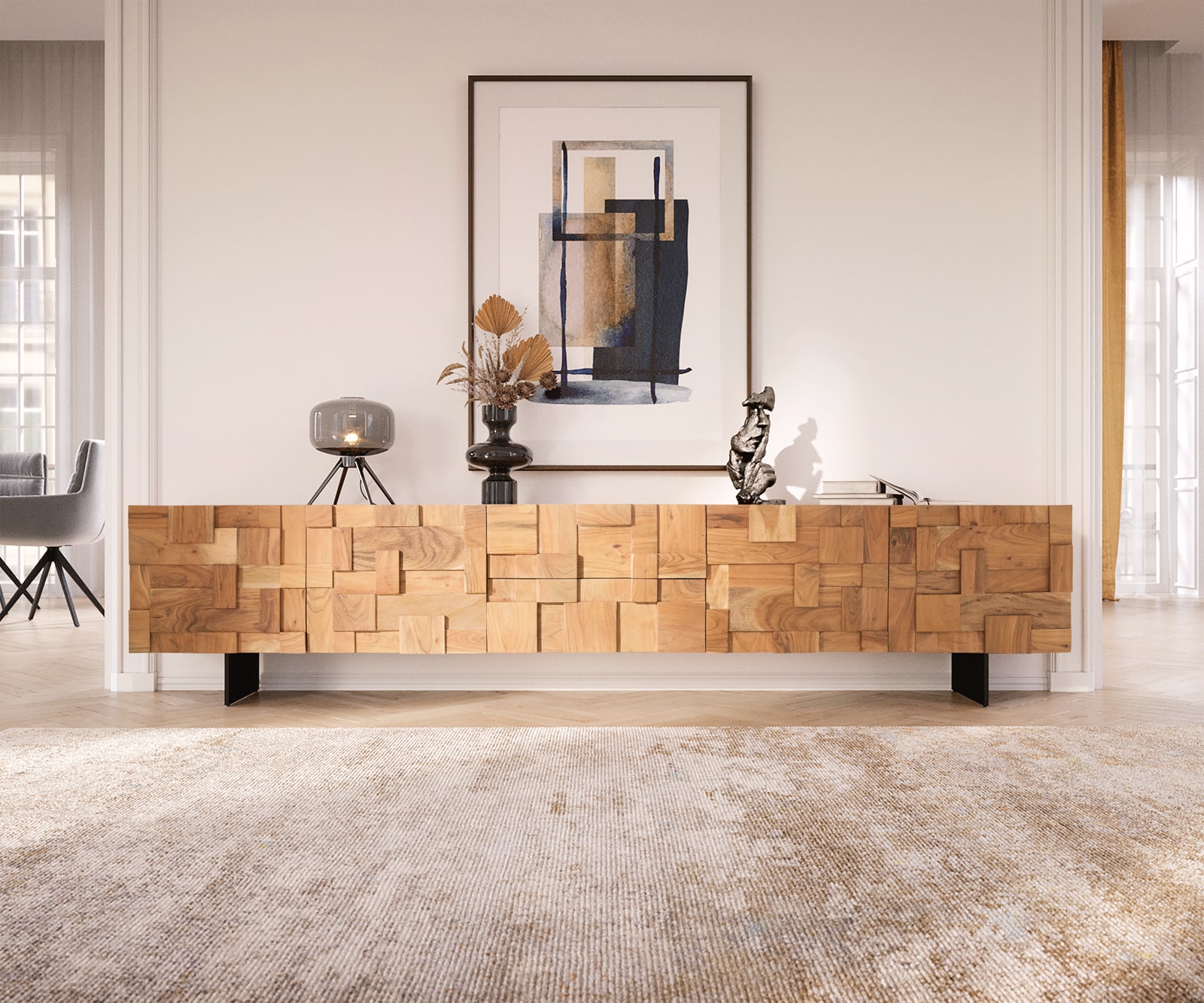 Lowboard Puzzle 260 cm 4 Türen 2 Schubfachächer Akazie Natur Fuß schwebend Metall schwarz 1 Lowboard Puzzle 260 cm 4 Türen 2 Schubfachächer Akazie Natur Fuß schwebend Metall schwarz 1