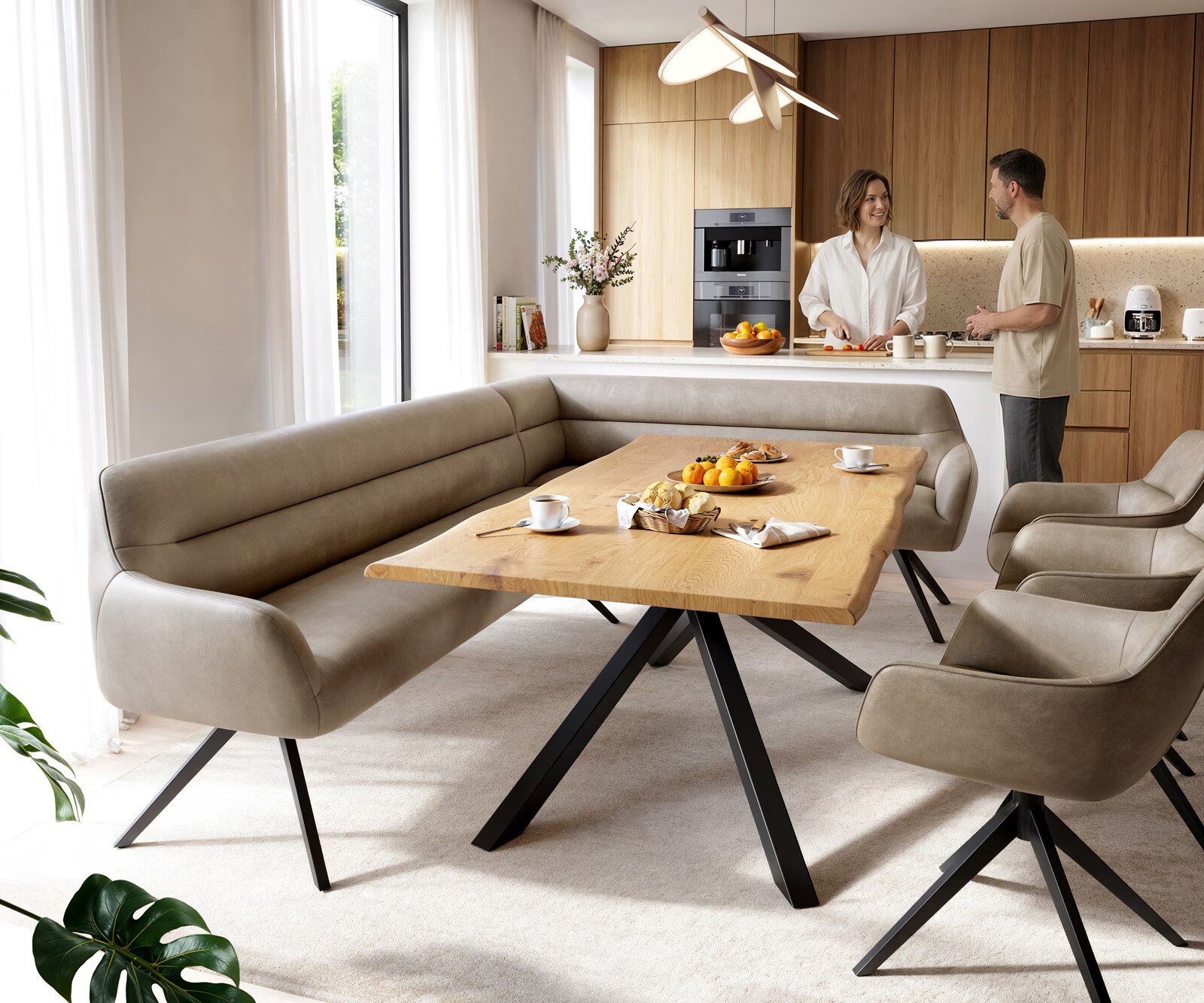 Esszimmerbank Taya-Flex 285x190 cm Mikrofaser Beige Vintage Kreuzgestell kantig Schwarz Taschenfederkern Links