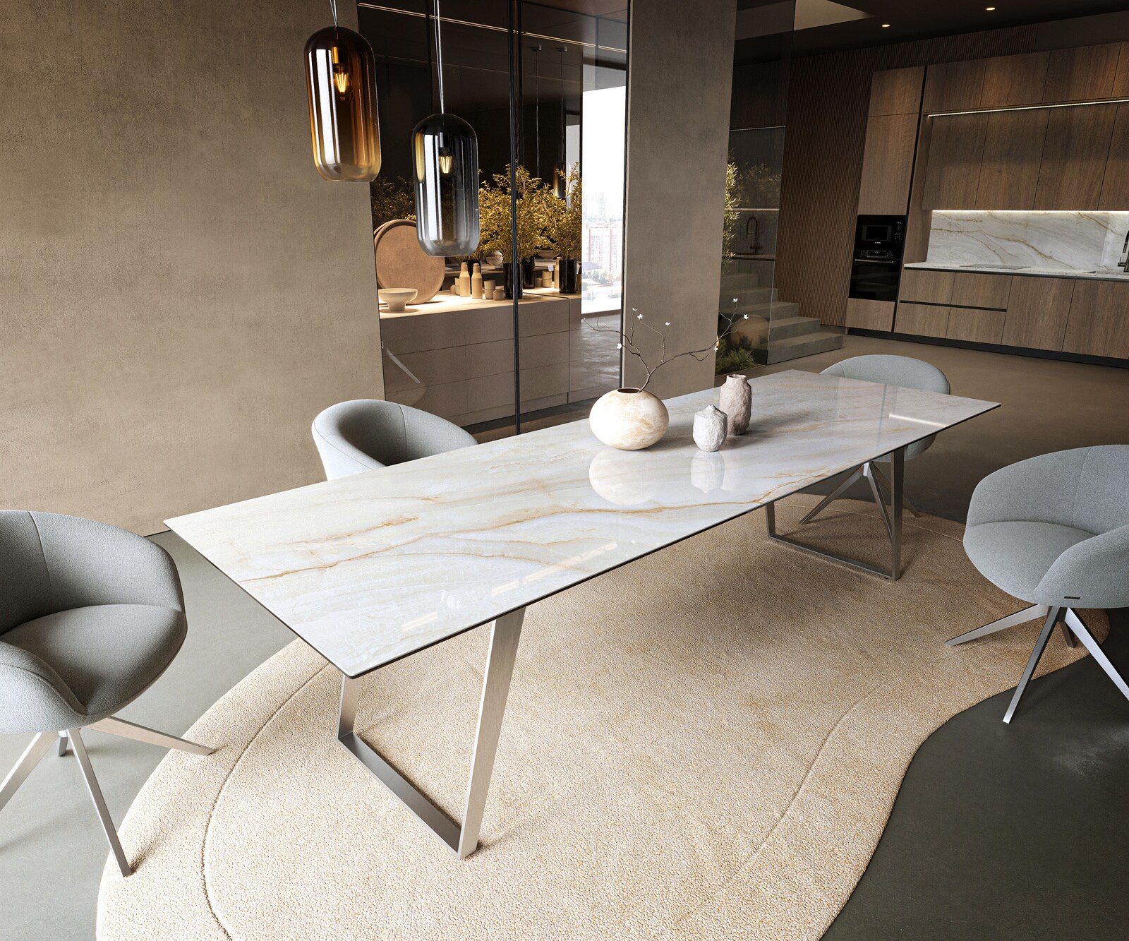 Table à manger Edge 300x100 cm céramique Onyx Pearl inox incliné