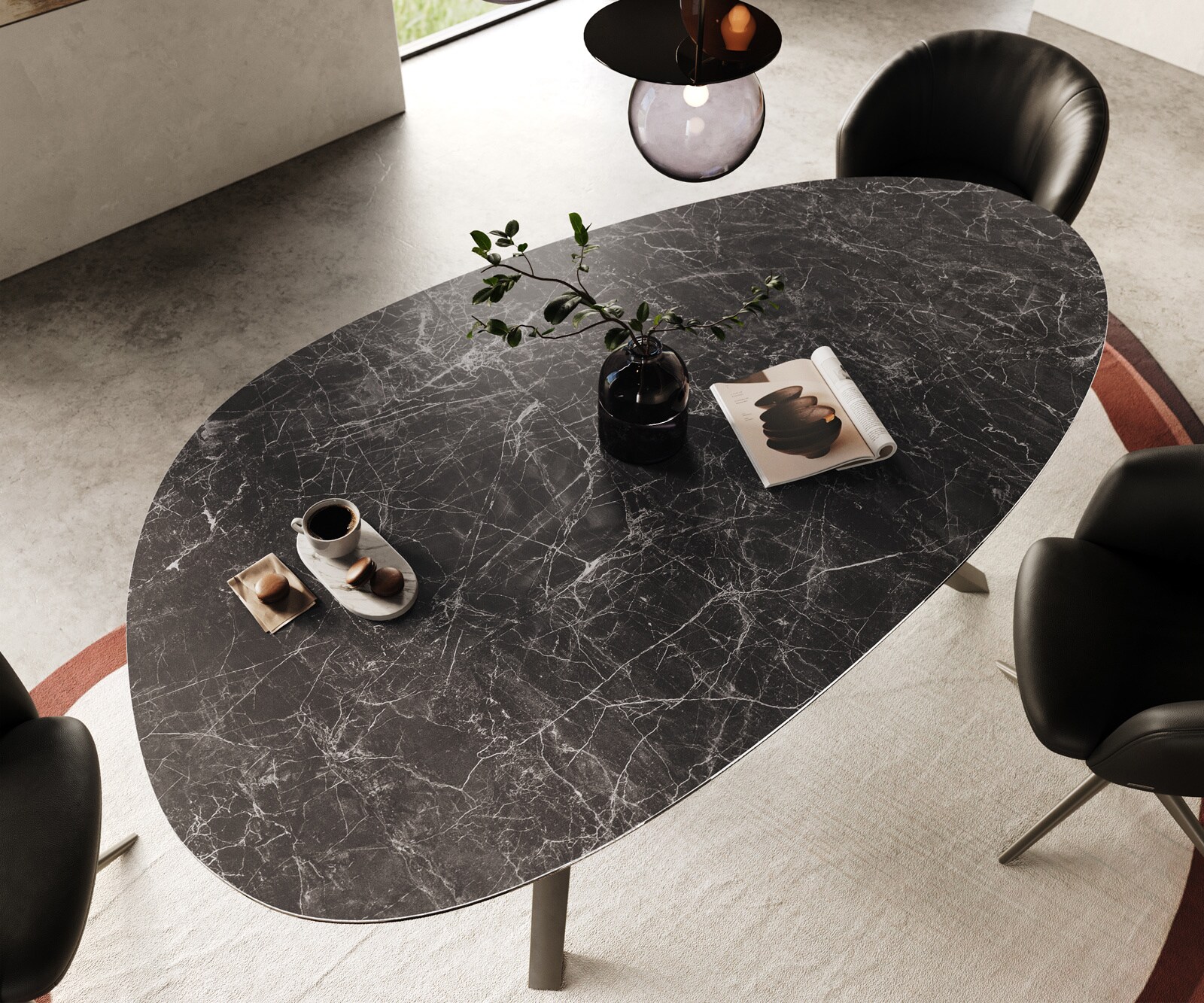 Esstisch Edge Oval 220x120 Keramik Laminam® Nero Greco Anthrazit Zenthara kantig Metall Effektfinish Titan 4