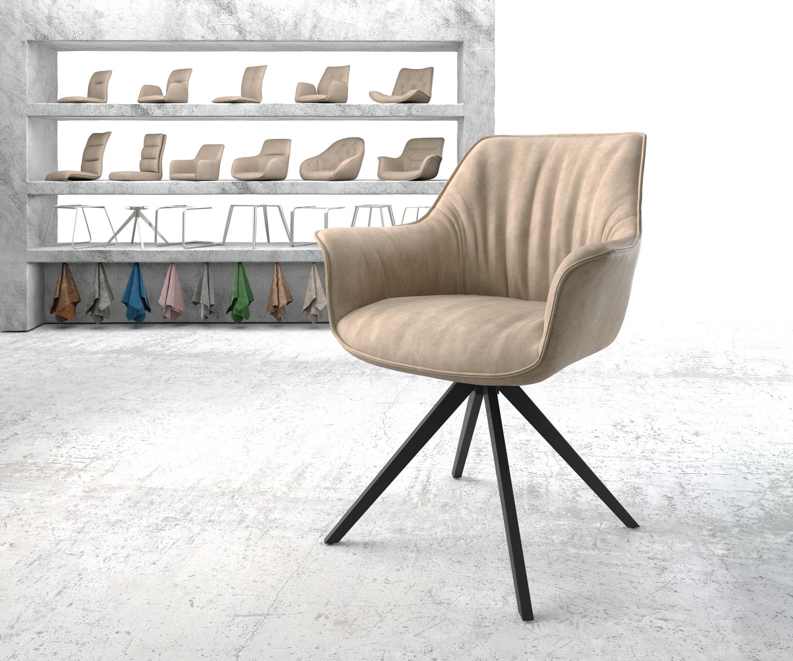 Drehstuhl Keila-Flex mit Armlehnen Beige Vintage Kreuzgestell kantig Schwarz 180° drehbar
