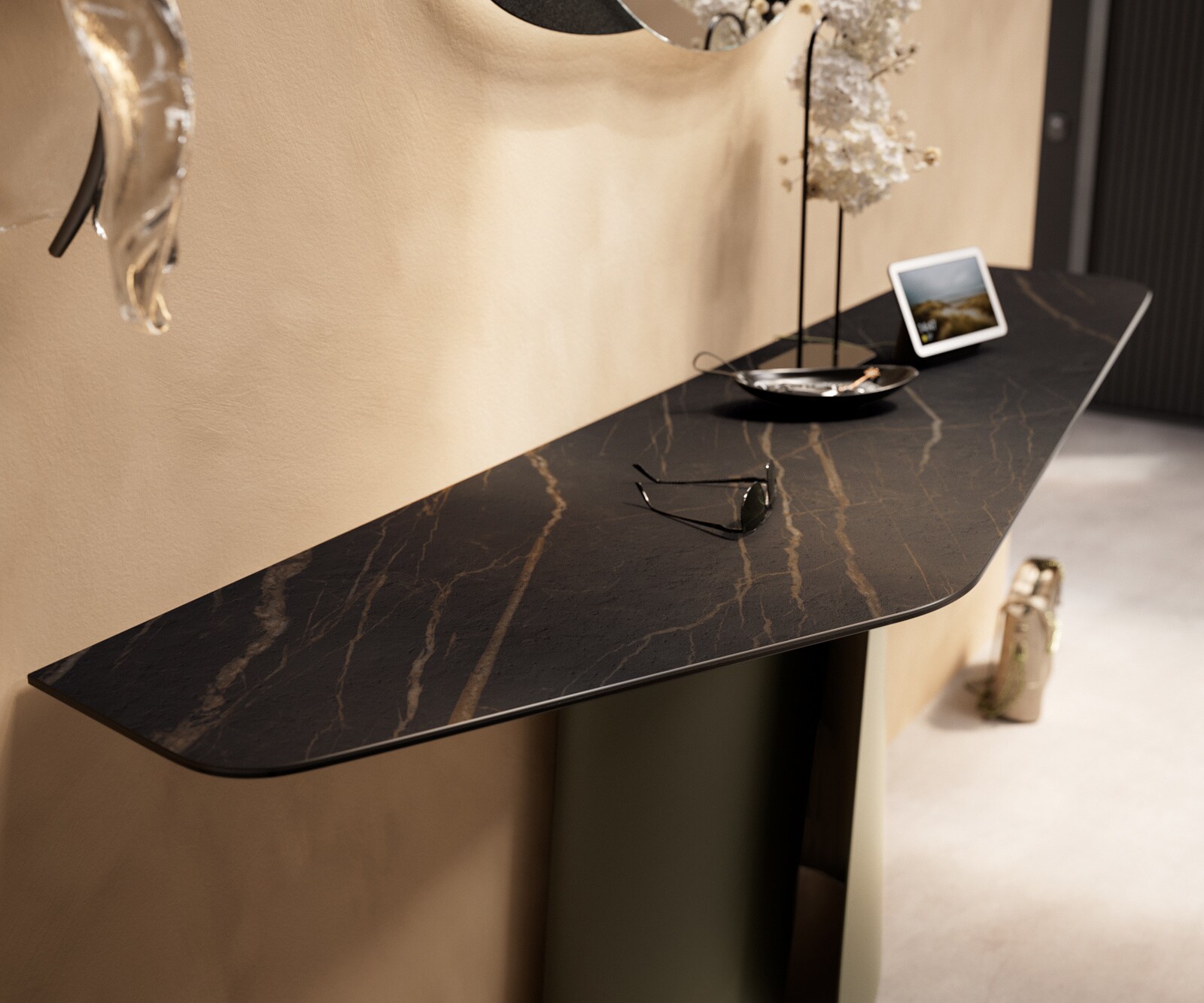 Konsolentisch Edge Polygonal 180x50 cm Keramik Laminam® Noir Desir Braun Livos Metall Effektfinish Titan 6