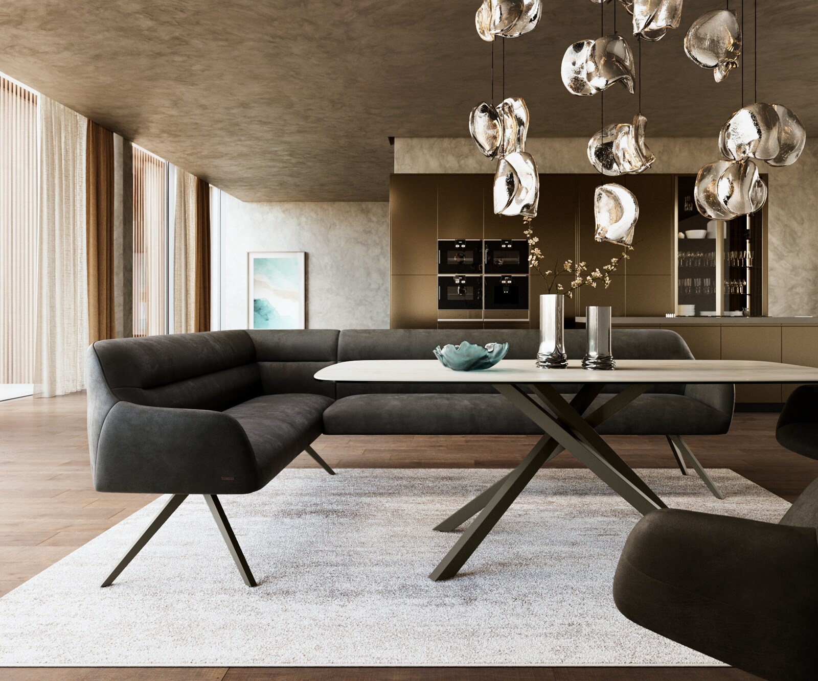 Esszimmerbank Taya-Flex 285x190 cm Mikrofaser Anthrazit Vintage Kreuzgestell kantig Effektfinish Titan Taschenfederkern Rechts 1