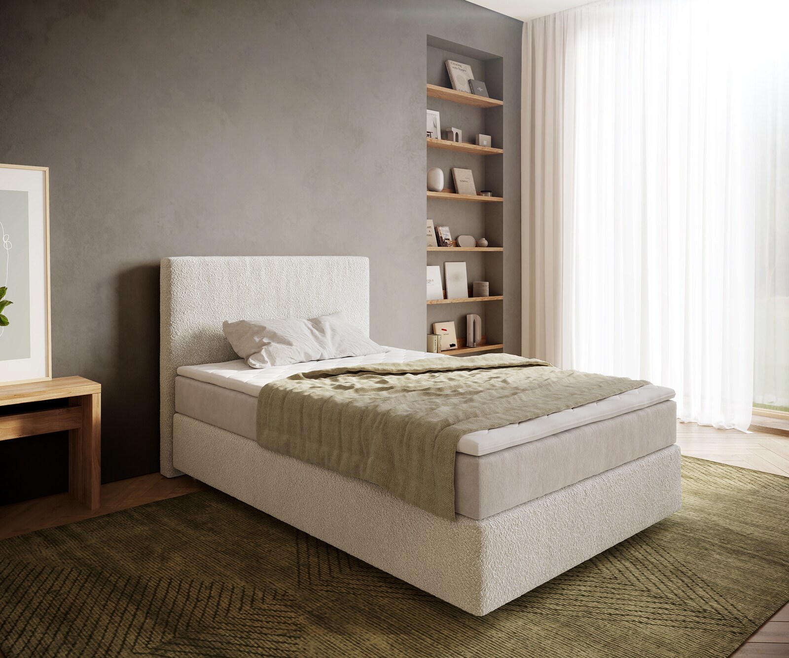 Lit-à-sommier-tapissier Dream-Well 120x200 cm Bouclé Crème-Blanc avec matelas à ressorts ensachés et surmatelas Visco