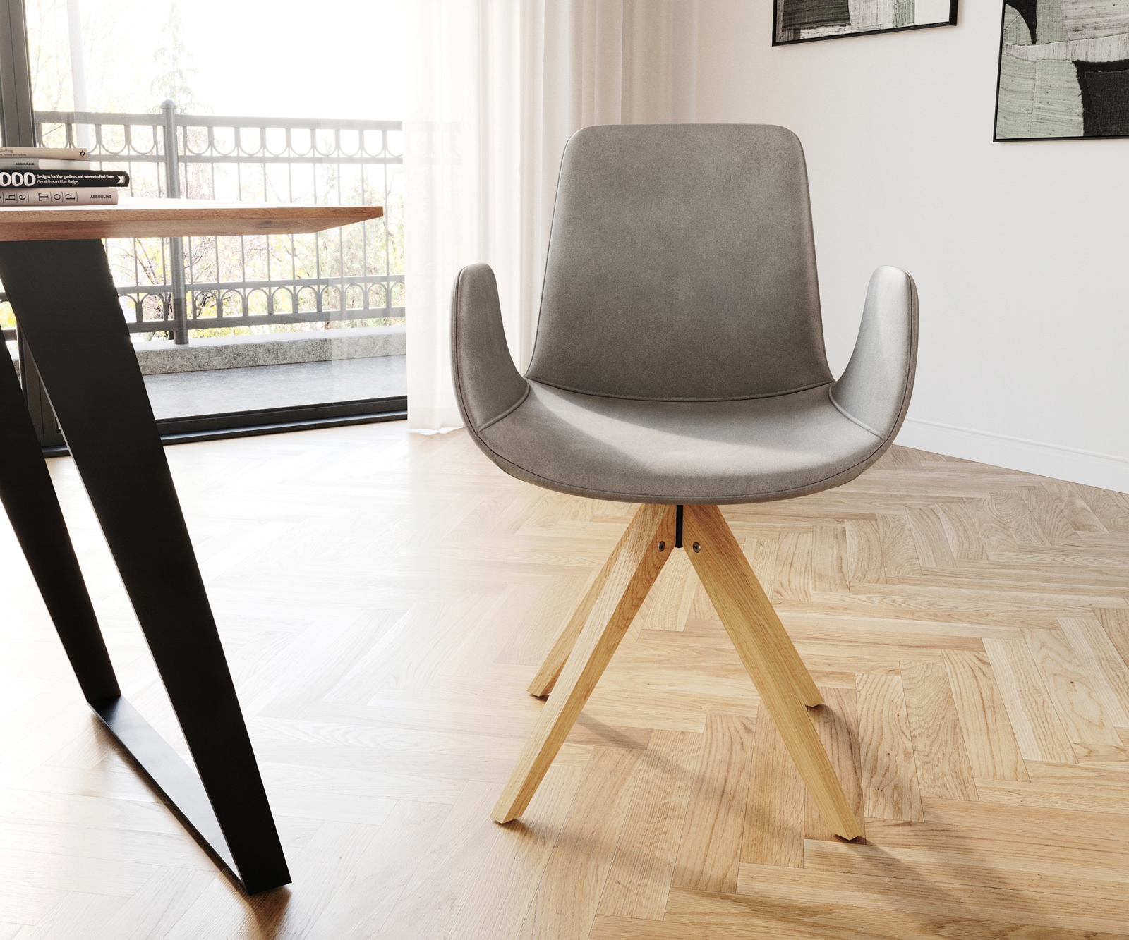 Chaise-de-salle-à-manger Ilia-Flex avec accoudoirs velours gris pied en bois conique naturel 1 Chaise-de-salle-à-manger Ilia-Flex avec accoudoirs velours gris pied en bois conique naturel 1