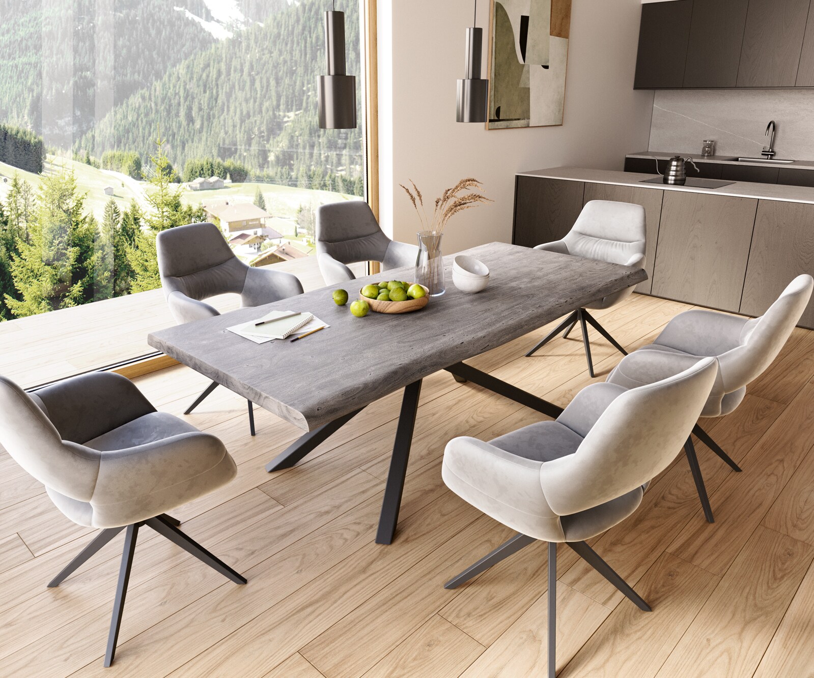 Esstisch Edge 220x100 XL Akazie Platin Kreuzgestell Rechteck Schwarz Live-Edge 6