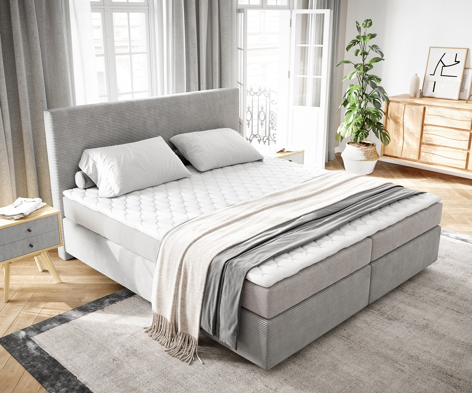 Lit-à-sommier-tapissier Dream-Well 160x200 cm velours côtelé gris argenté avec matelas et surmatelasr 3