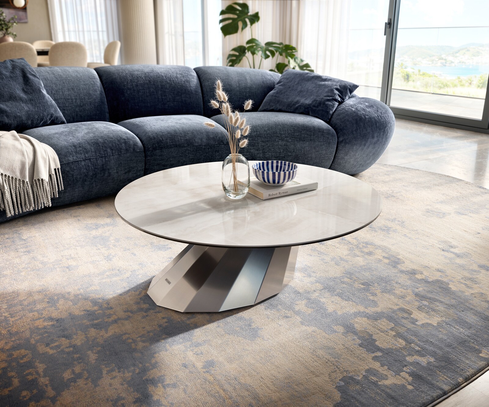 Table basse Edge ronde 100x100 cm céramique Onyx Champagne Parabi acier inoxydable brossé