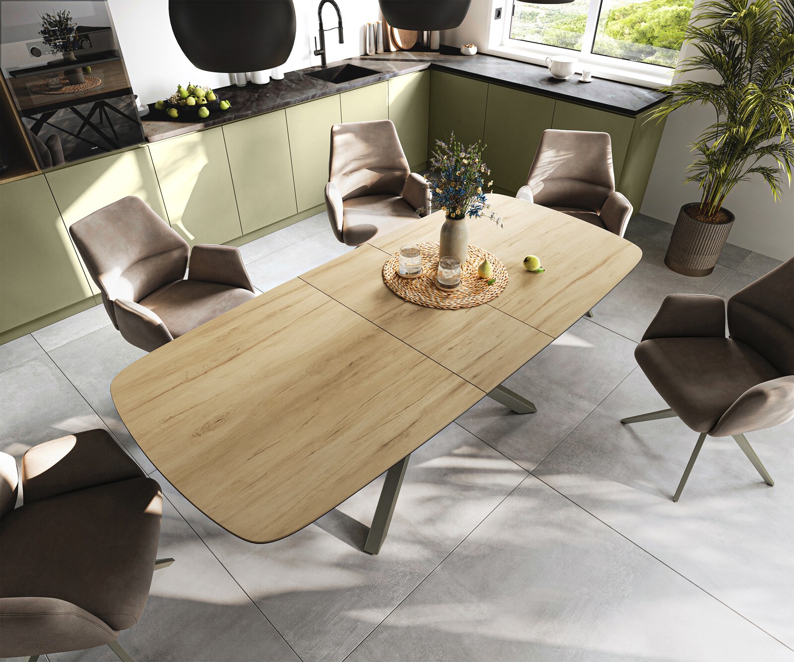 Esstisch Edge Boot 180-220x100 cm Keramik Laminam® Sabbia Eichefarbig Kreuzgestell Rechteck Effektfinish Titan ausziehbar 3