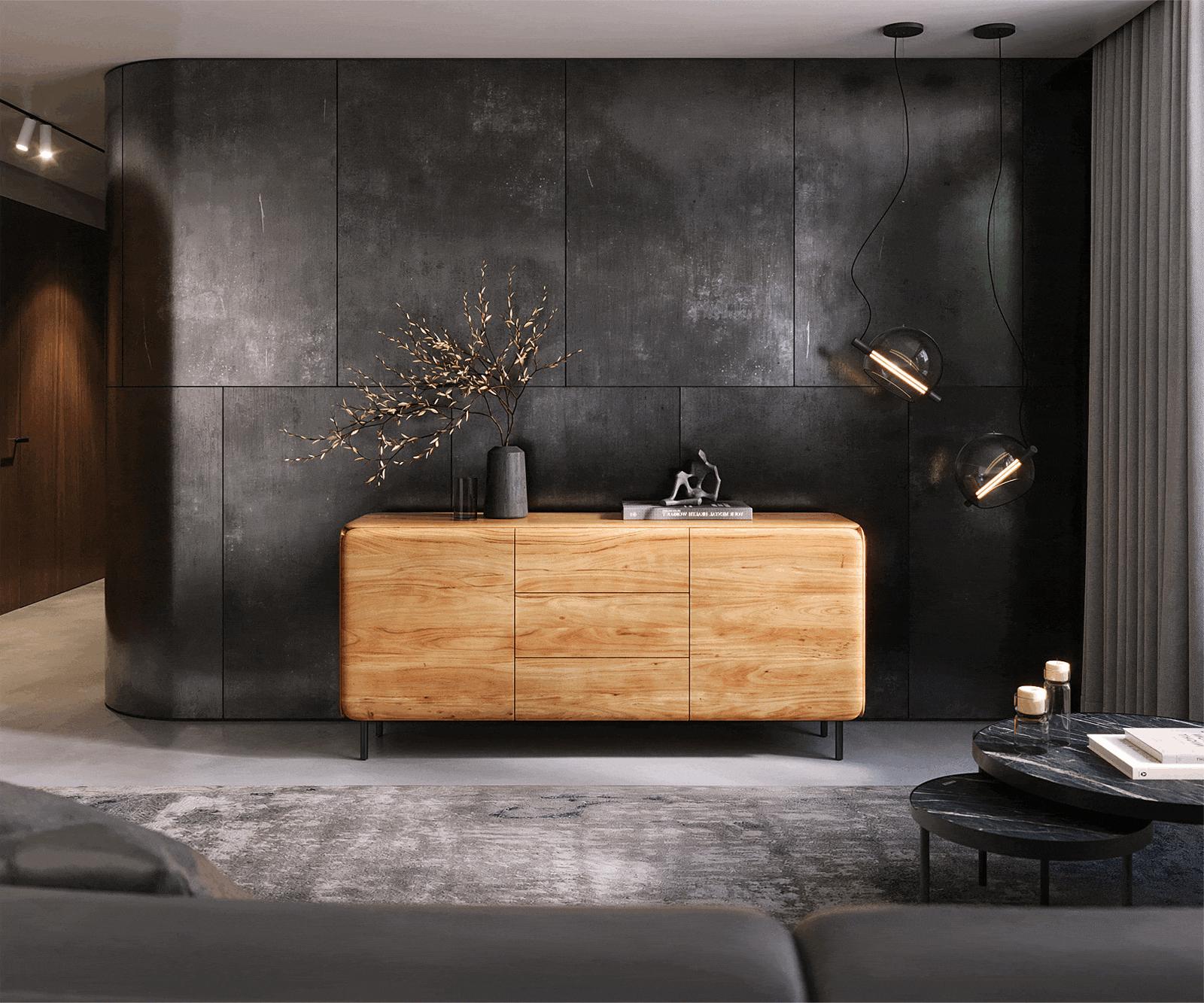 Buffet Shavani 175 cm Acacia naturel 2 portes 3 tiroirs Pieds ronds Métal Noir 1
