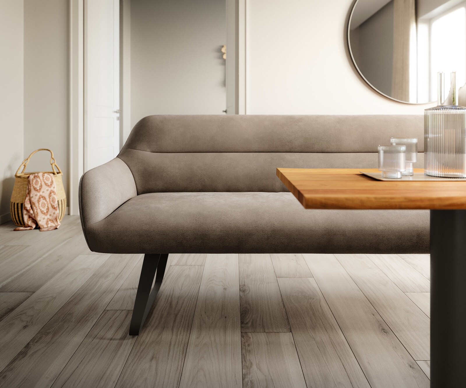 Banc-de-salle-à-manger Taya-Flex 300 cm microfibre taupe vintage châssis à patins plat noir ressort ensaché 1