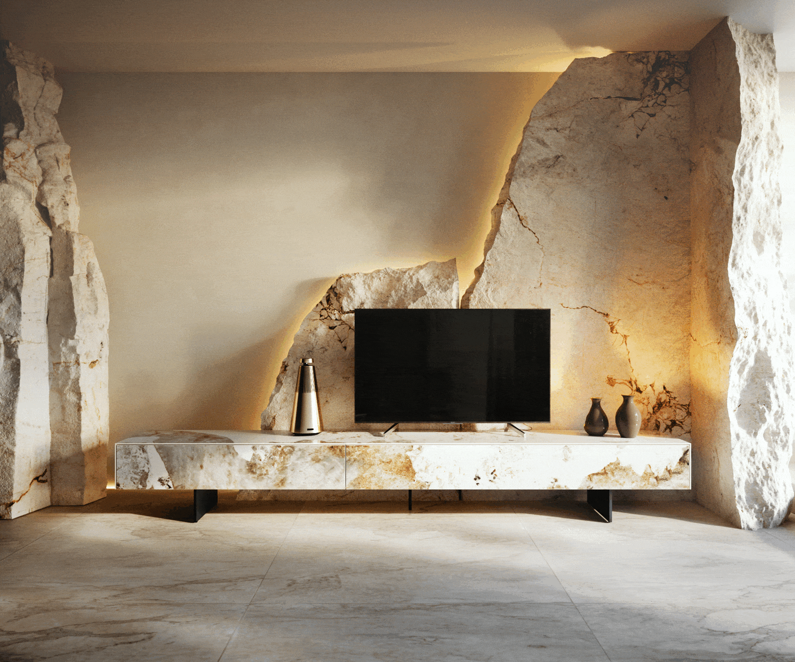 Meuble-TV Cuor 250 cm Céramique Minas Melange Blanc-beige 1 Clapet 1 Tiroir Pied optique flottant Métal Noir 6