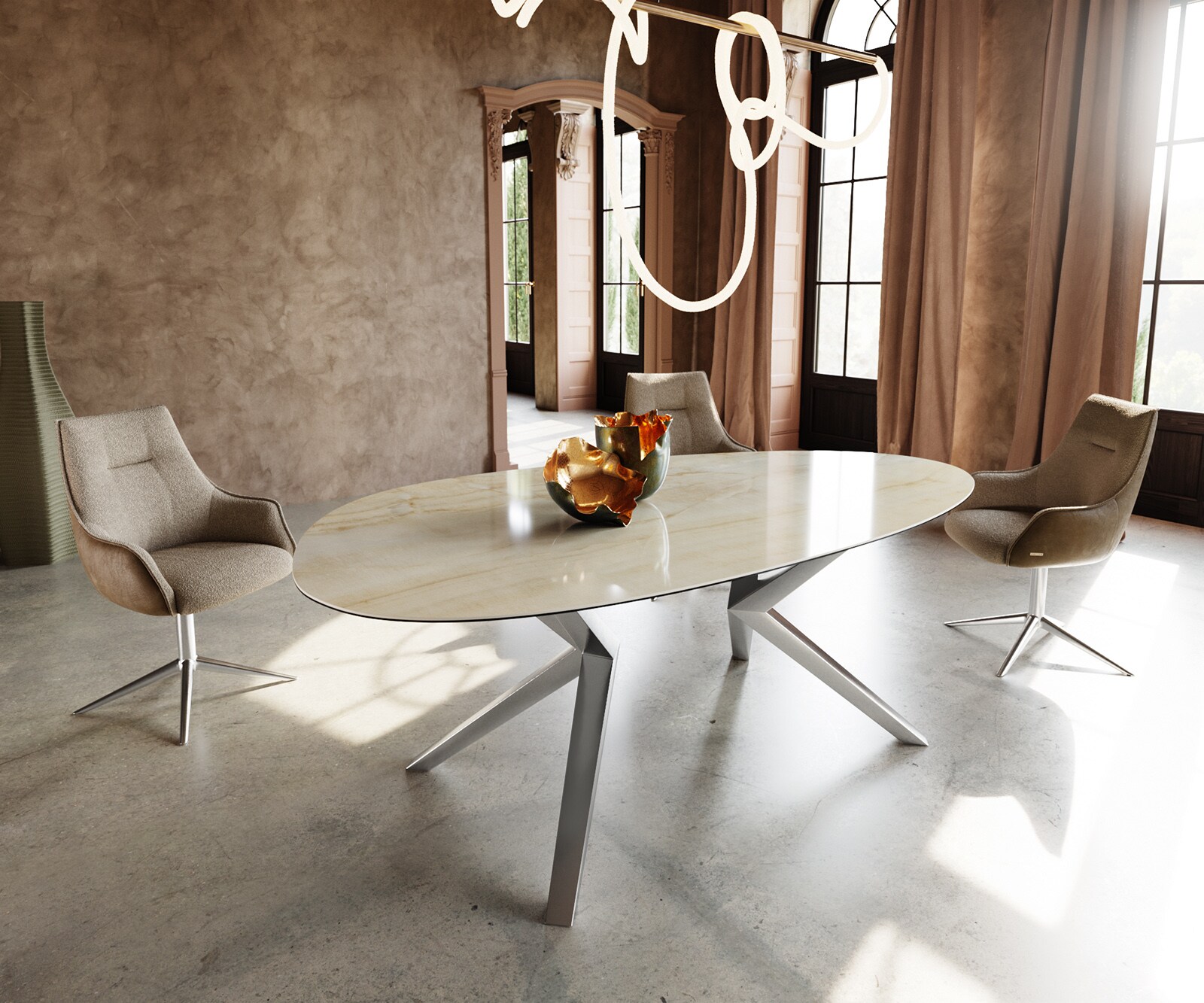 Esstisch Edge Oval 220x120 Keramik Iris FMG Onice Oro Zenthara kantig Edelstahl