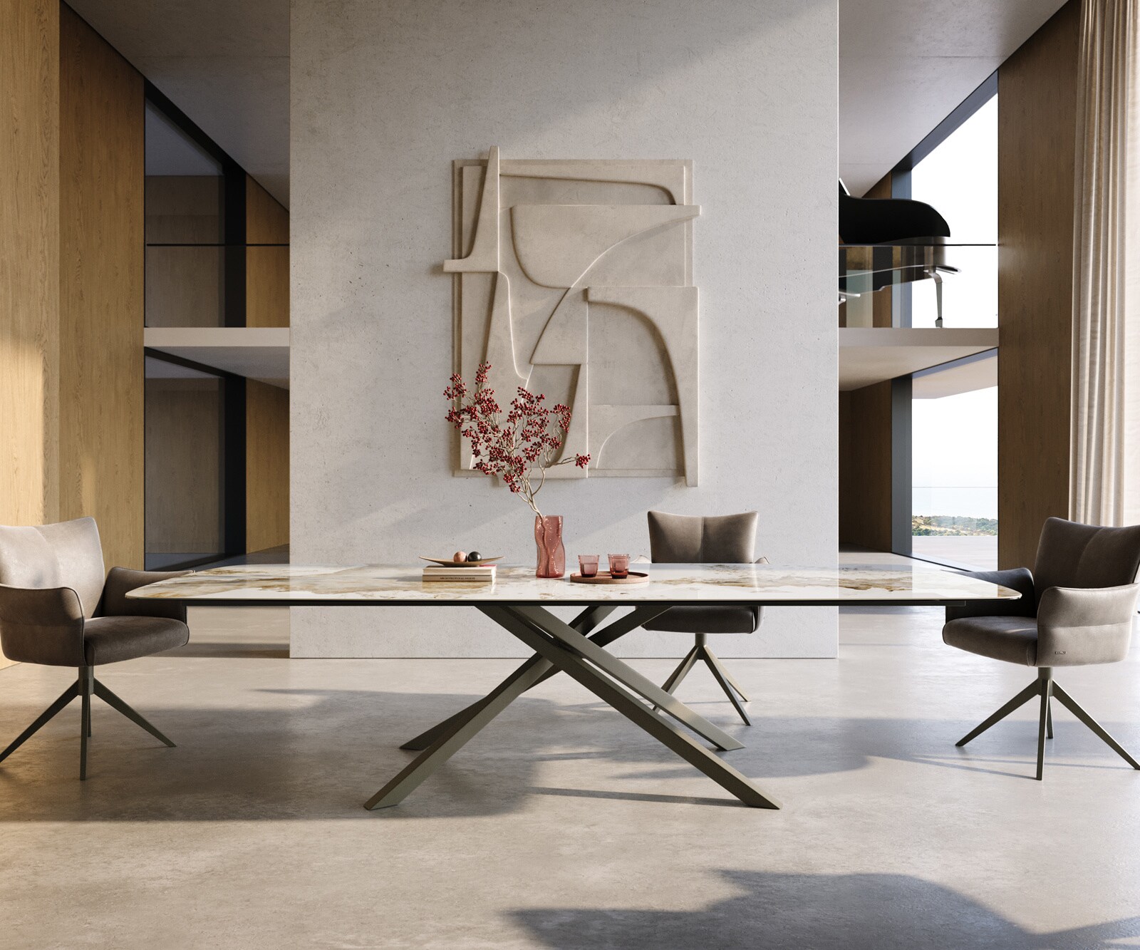 Esstisch Edge Boot 300x120 cm Keramik Minas Melange Weiß-Beige Kreuzgestell Rechteck Effektfinish Titan 1