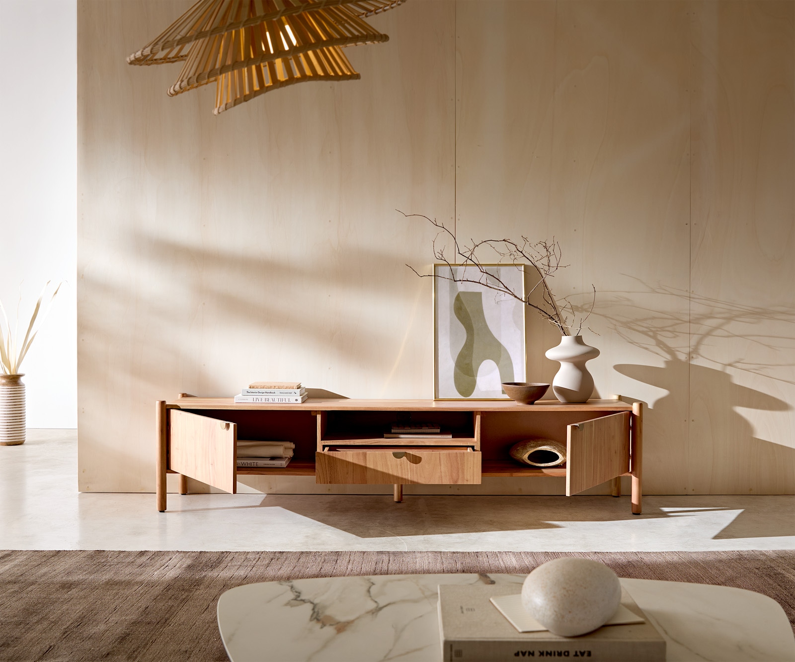 Lowboard Caius 200 cm Akazie Aura 2 Türen 1 Schublade 1 Fach 3 Lowboard Caius 200 cm Akazie Aura 2 Türen 1 Schublade 1 Fach 3