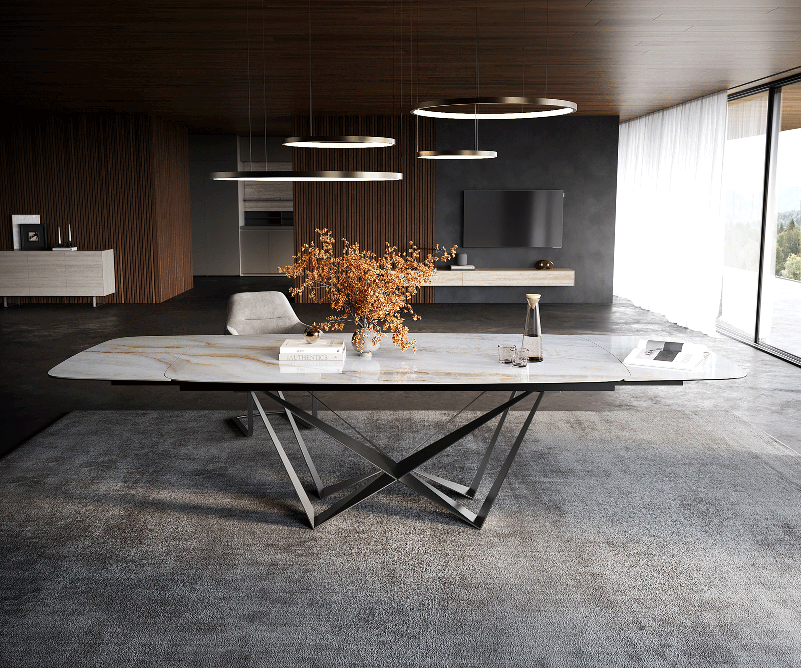 Esstisch Edge Boot 200-300x120 cm Keramik Onyx Pearl Spider Flachstahl Edelstahl Graphit ausziehbar 1