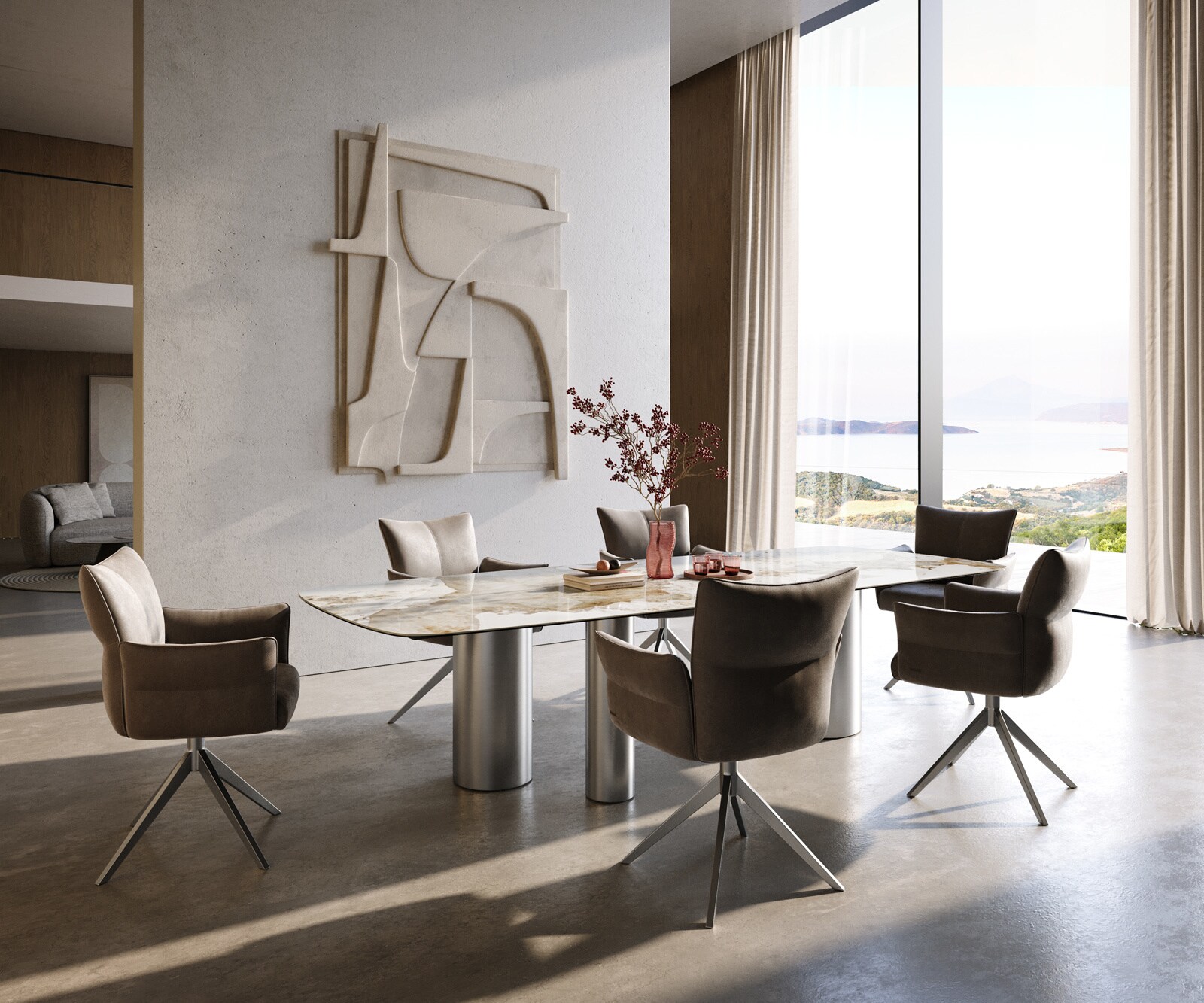 Esstisch Edge Boot 300x120 cm Keramik Minas Melange Weiß-Beige Troa Edelstahl gebürstet 5