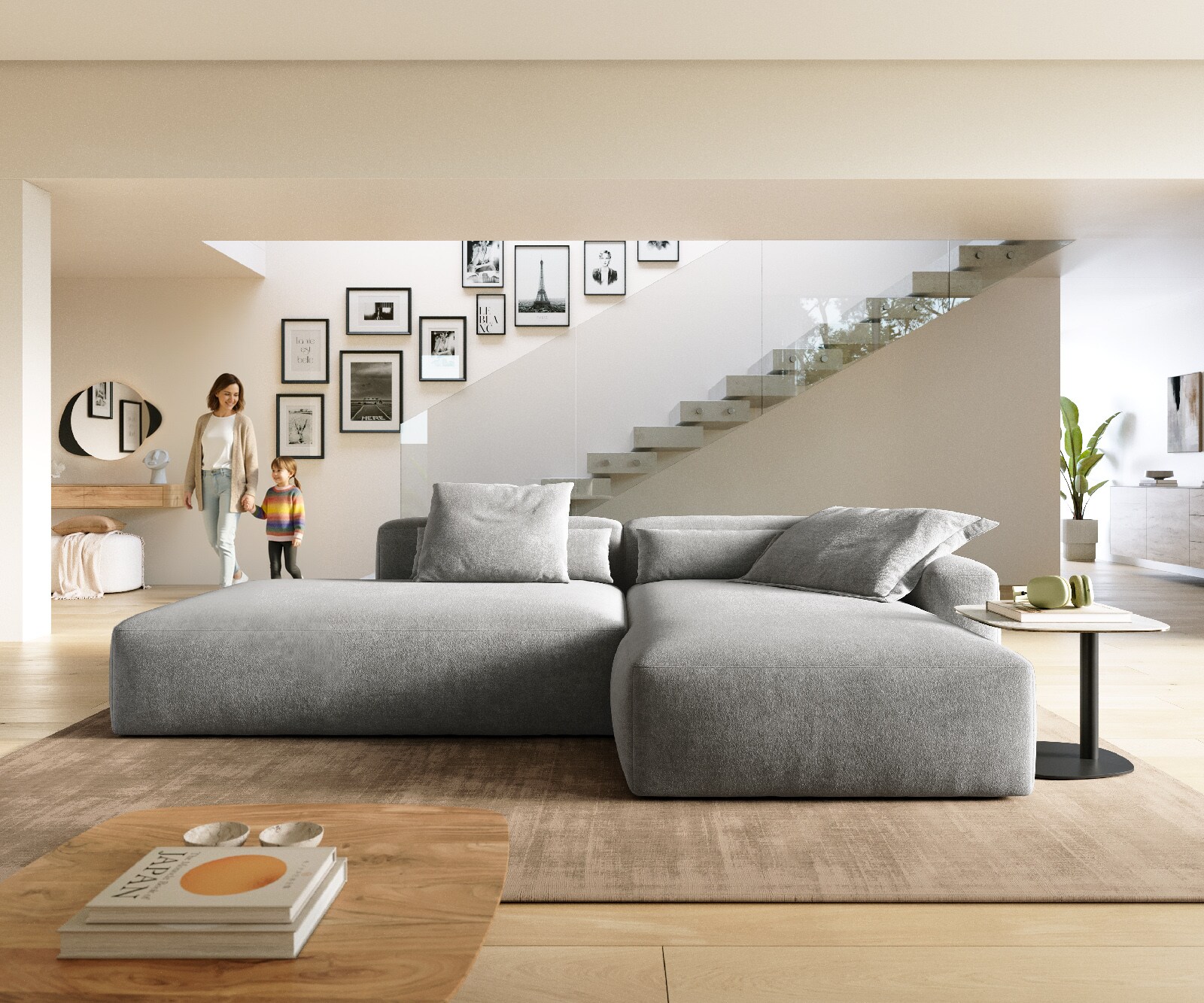 Canapé d'angle Freestyle 310x200 cm Tissu structuré doux Gris couture plate 1