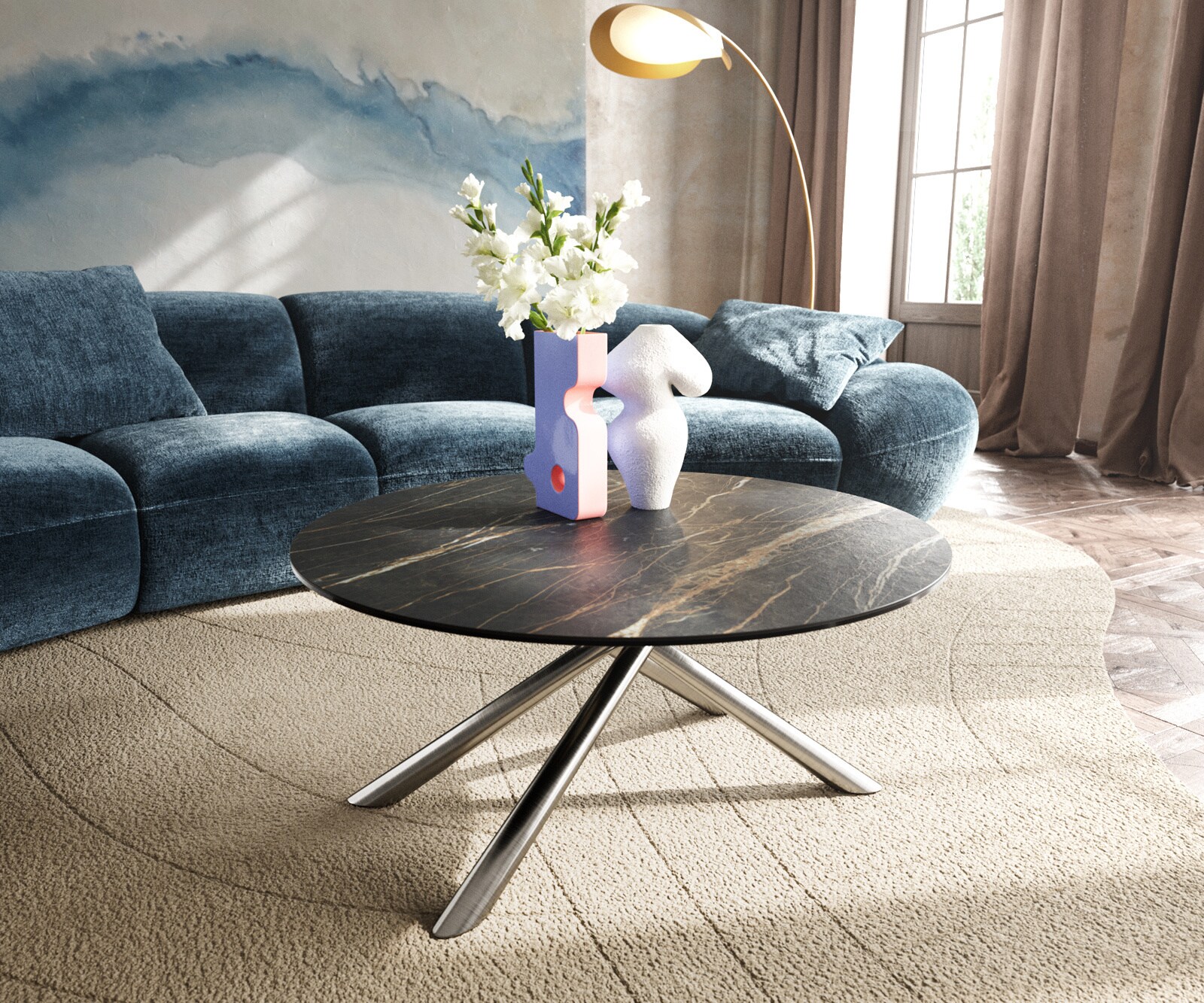 Table basse Edge rond 90x90 cm céramique Laminam® Noir Desir brun Sarity acier inoxydable brossé 1