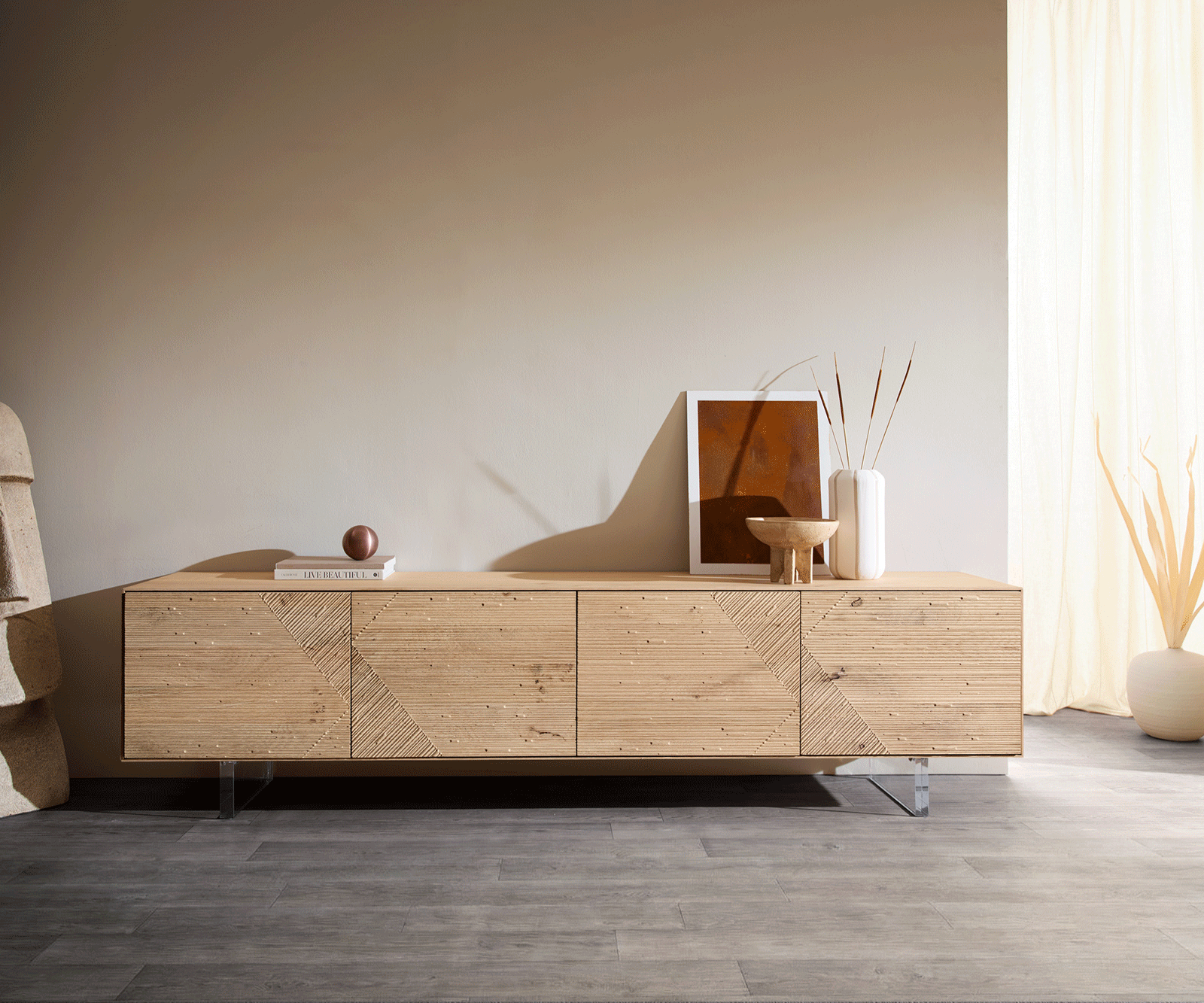 Lowboard Tereos 220 cm Eiche Natur 3D Effekt 4 Türen Fuß Schwebeoptik Acrylglas 4