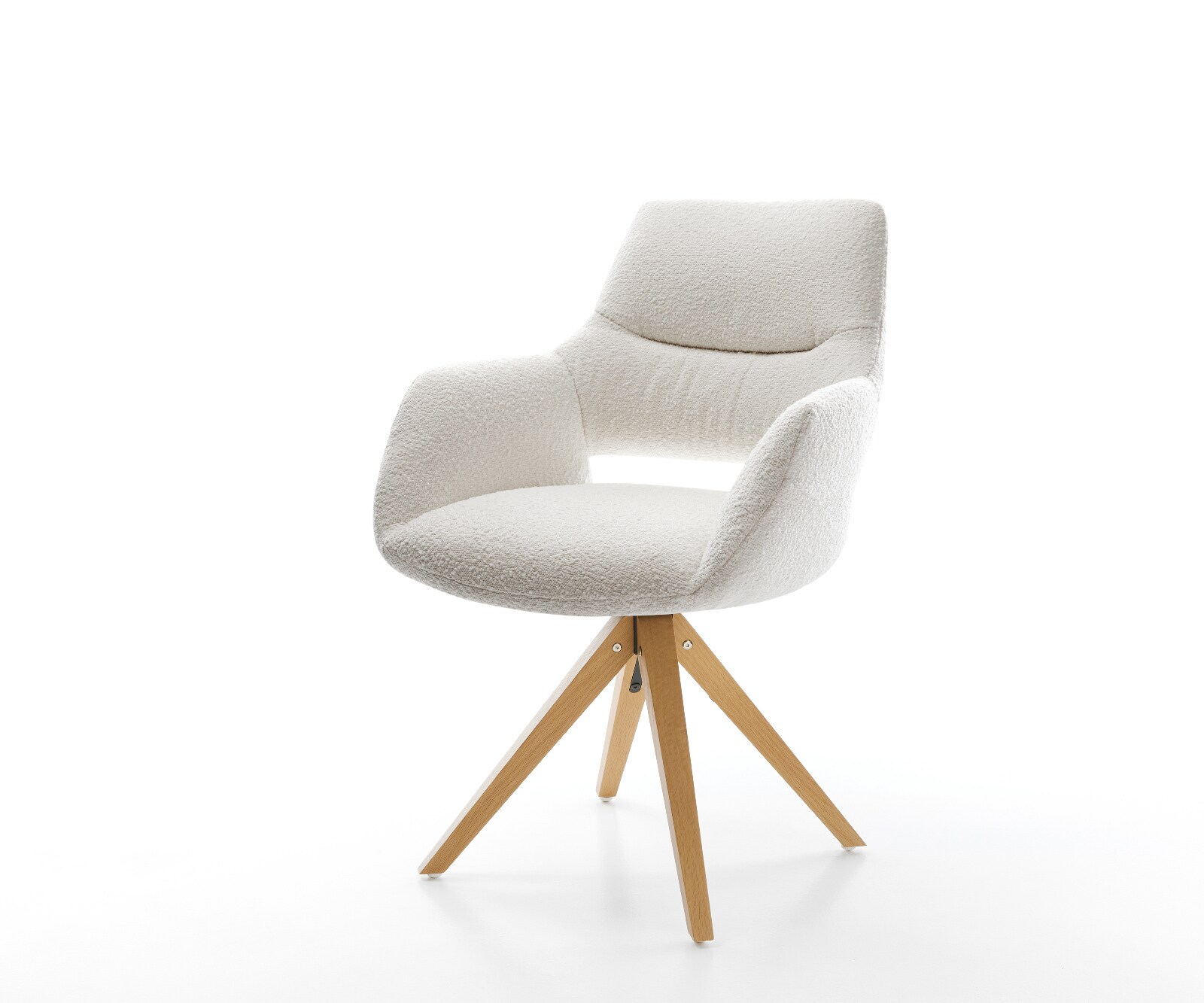 Chaise-pivotante Yago-Flex avec accoudoirs bouclé crème-blanc pied en bois angulaire naturel pivotement sur 180° ressorts ensachés 1