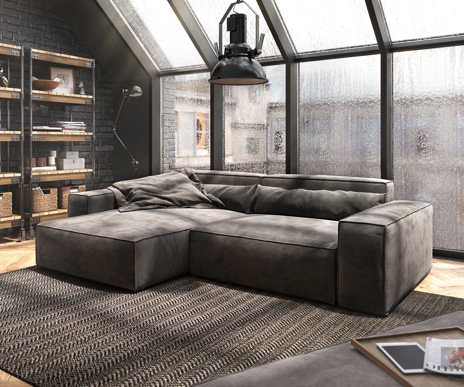 Ecksofa Sirpio XL 270x170 cm Mikrofaser Khakibraun Recamiere variabel mit Hocker