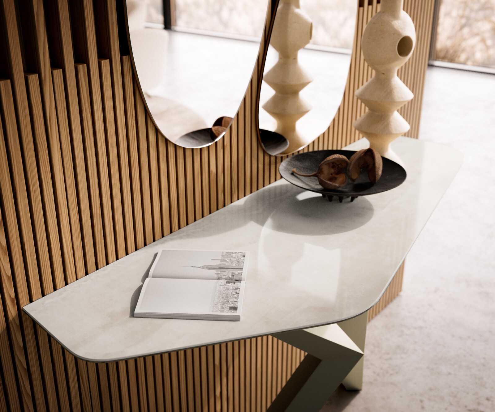 Konsolentisch Edge Polygonal 140x50 cm Keramik Onyx Champagne Zentharo Metall Effektfinish Titan 5