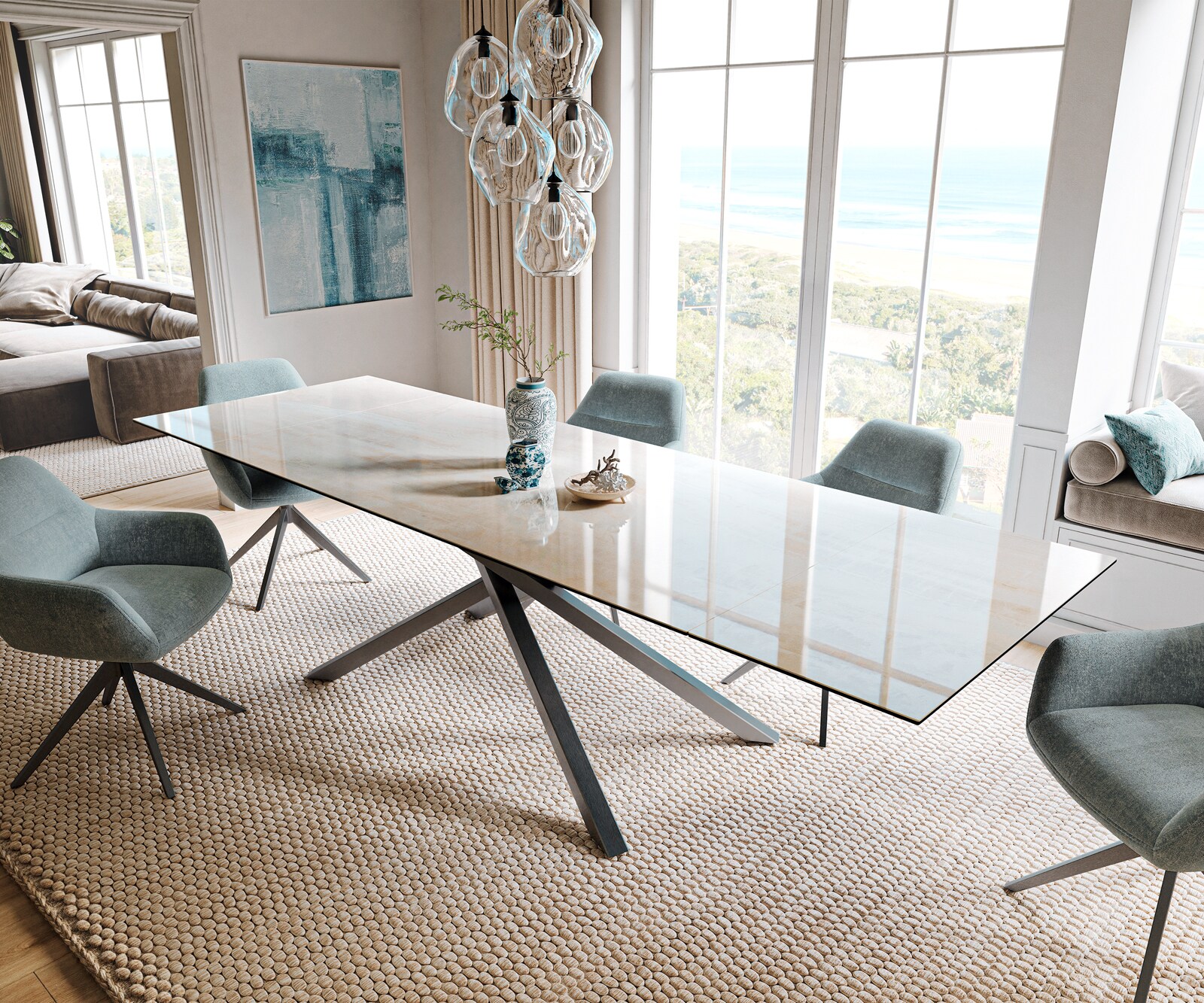 Esstisch Edge 200-300x100 cm Keramik Onyx Champagne Kreuzgestell Rechteck Edelstahl Graphit ausziehbar