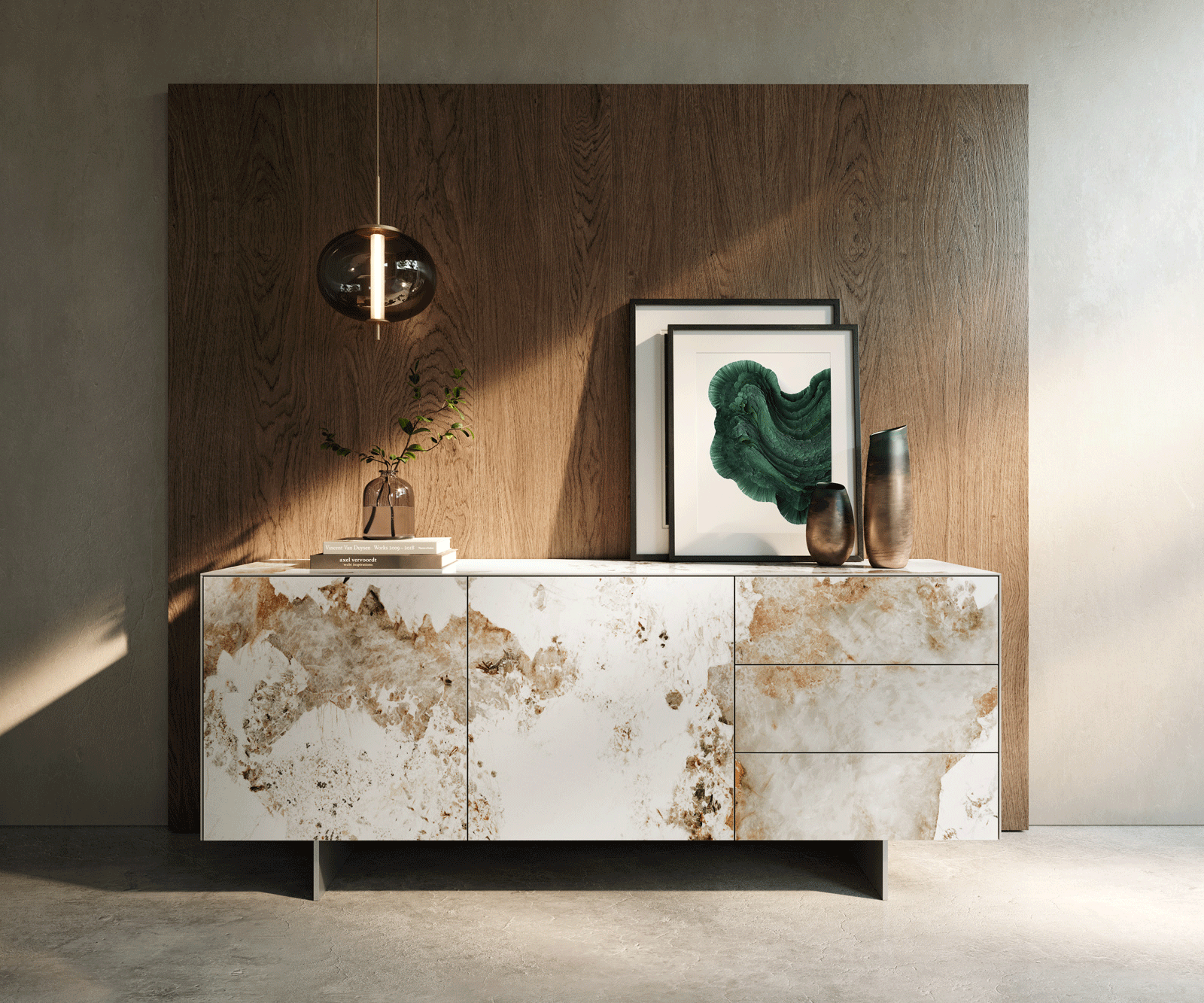 Sideboard Cuor 180 cm Keramik Minas Melange Weiß-Beige 2 Türen 3 Schubfächer Fuß Schwebeoptik Edelstahl 1
