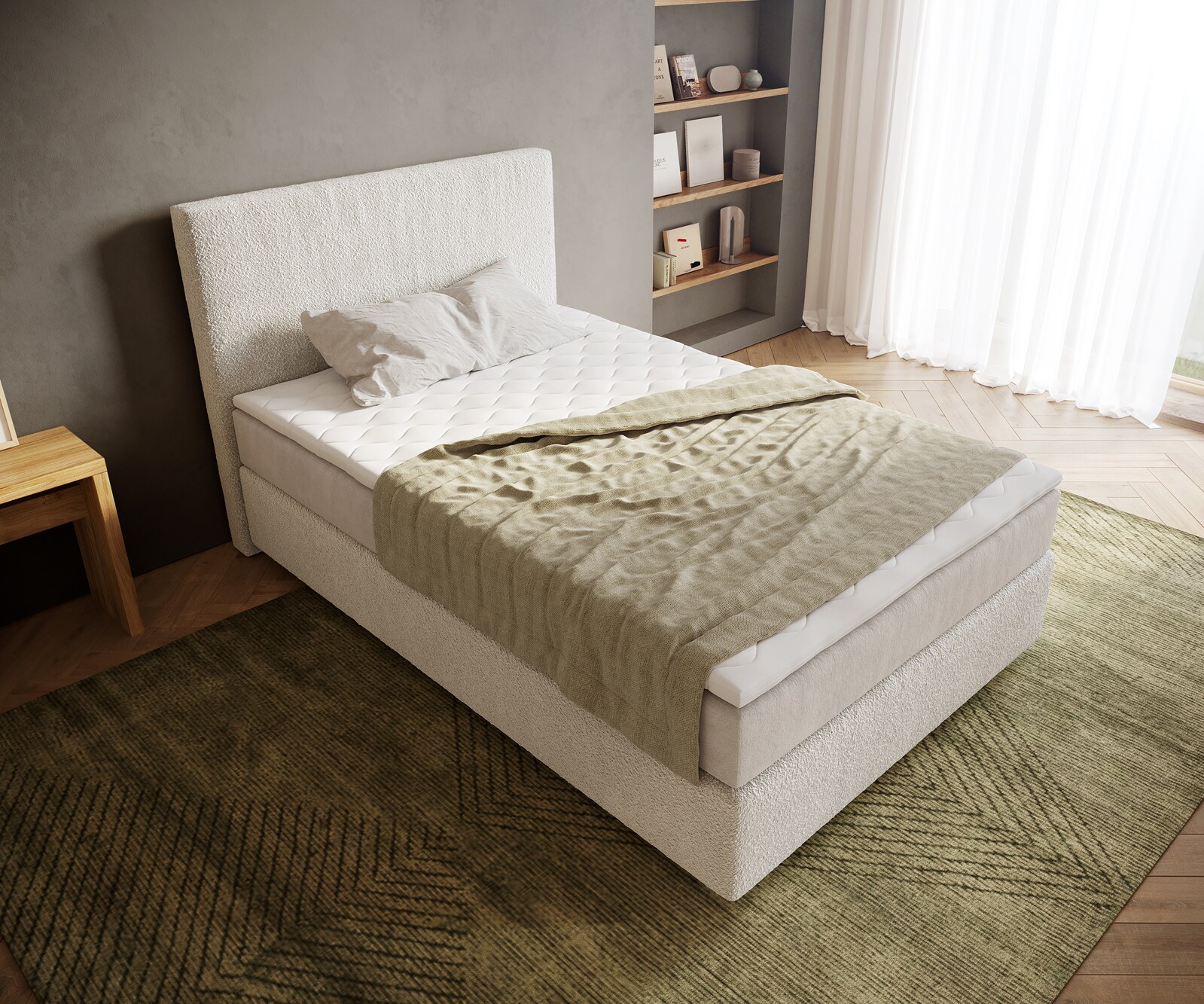 Lit-à-sommier-tapissier Dream-Well 120x200 cm Bouclé Crème-Blanc avec matelas à ressorts ensachés et surmatelas Visco 3