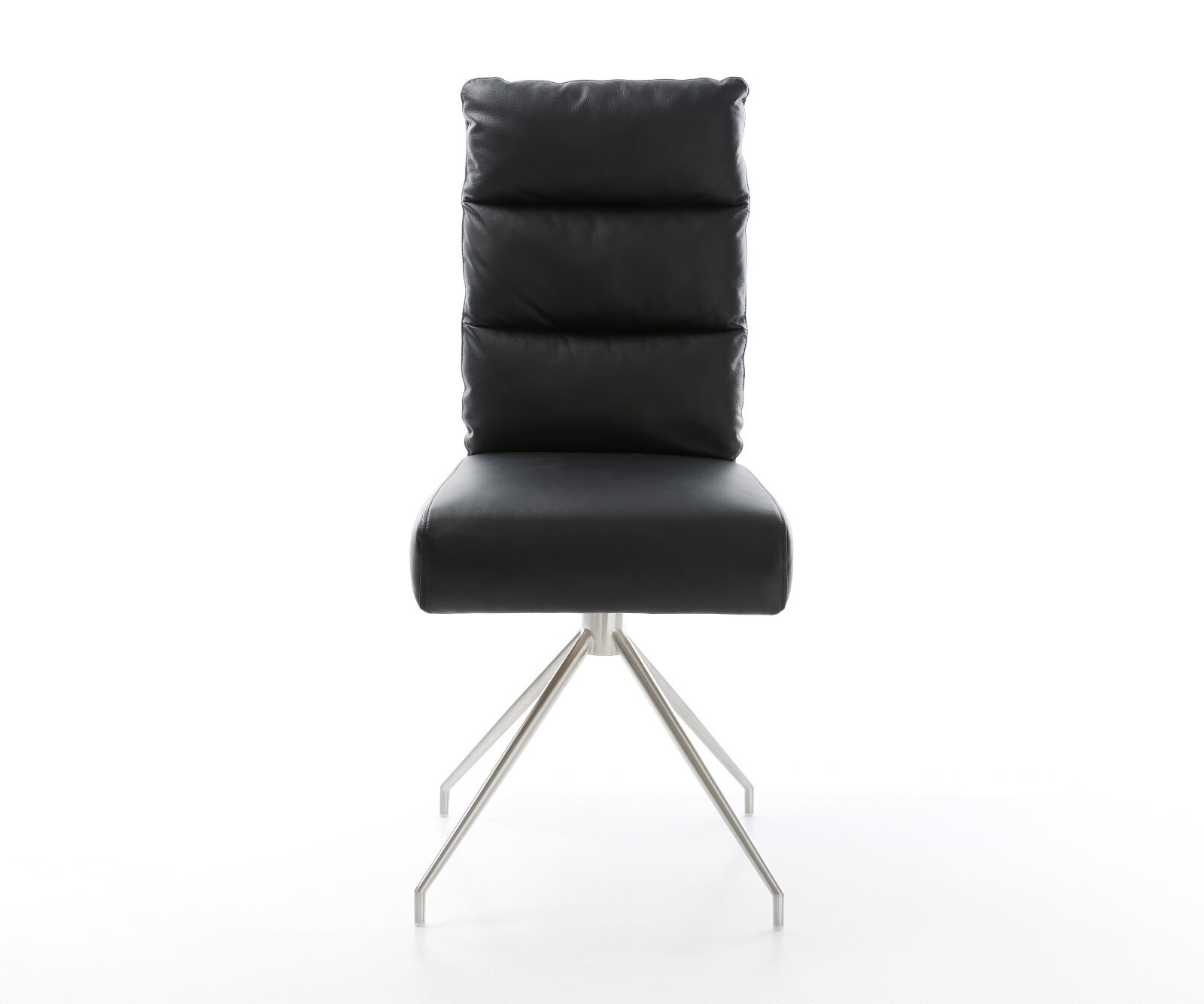 Chaise-de-salle-à-manger Pela-Flex cuir de vache noir pied croisé conique acier inoxydable brossé ressorts ensachés 1