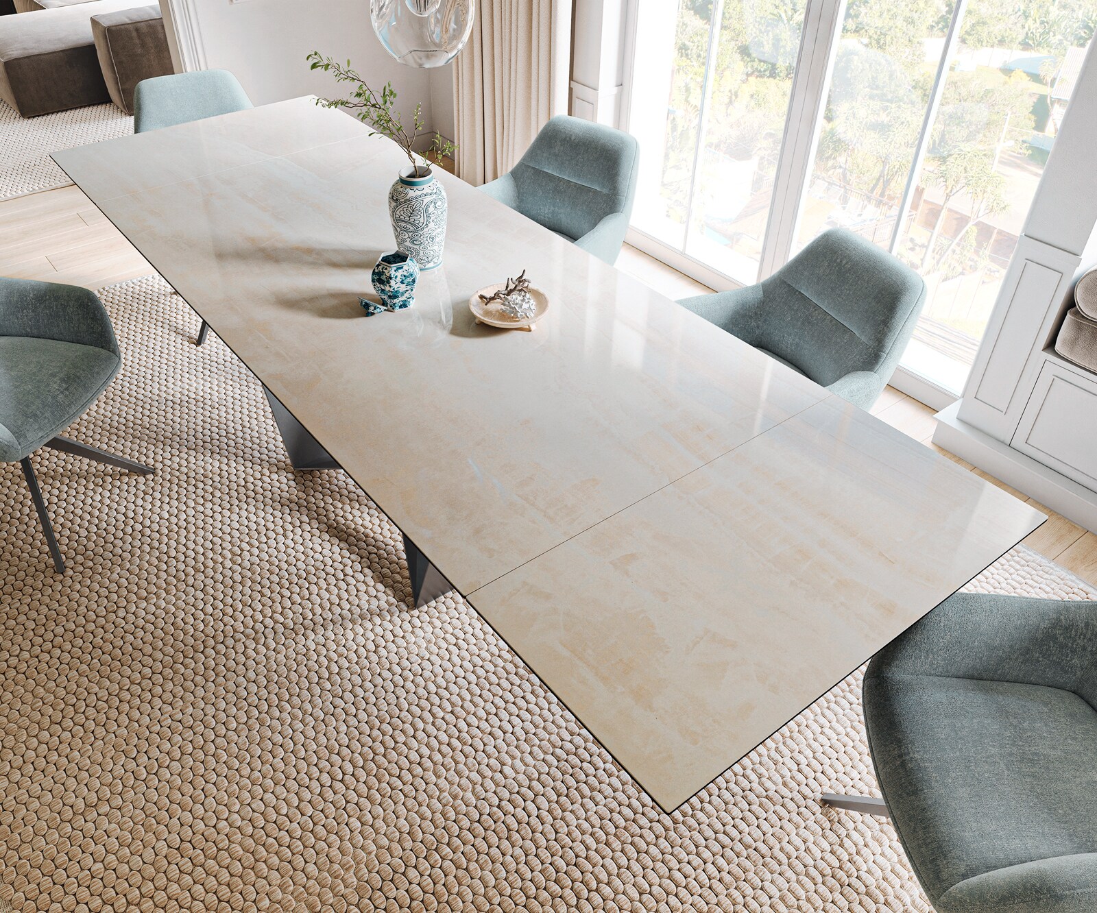 Esstisch Edge 200-300x100 cm Keramik Onyx Champagne Spider Flachstahl Edelstahl Graphit ausziehbar 3